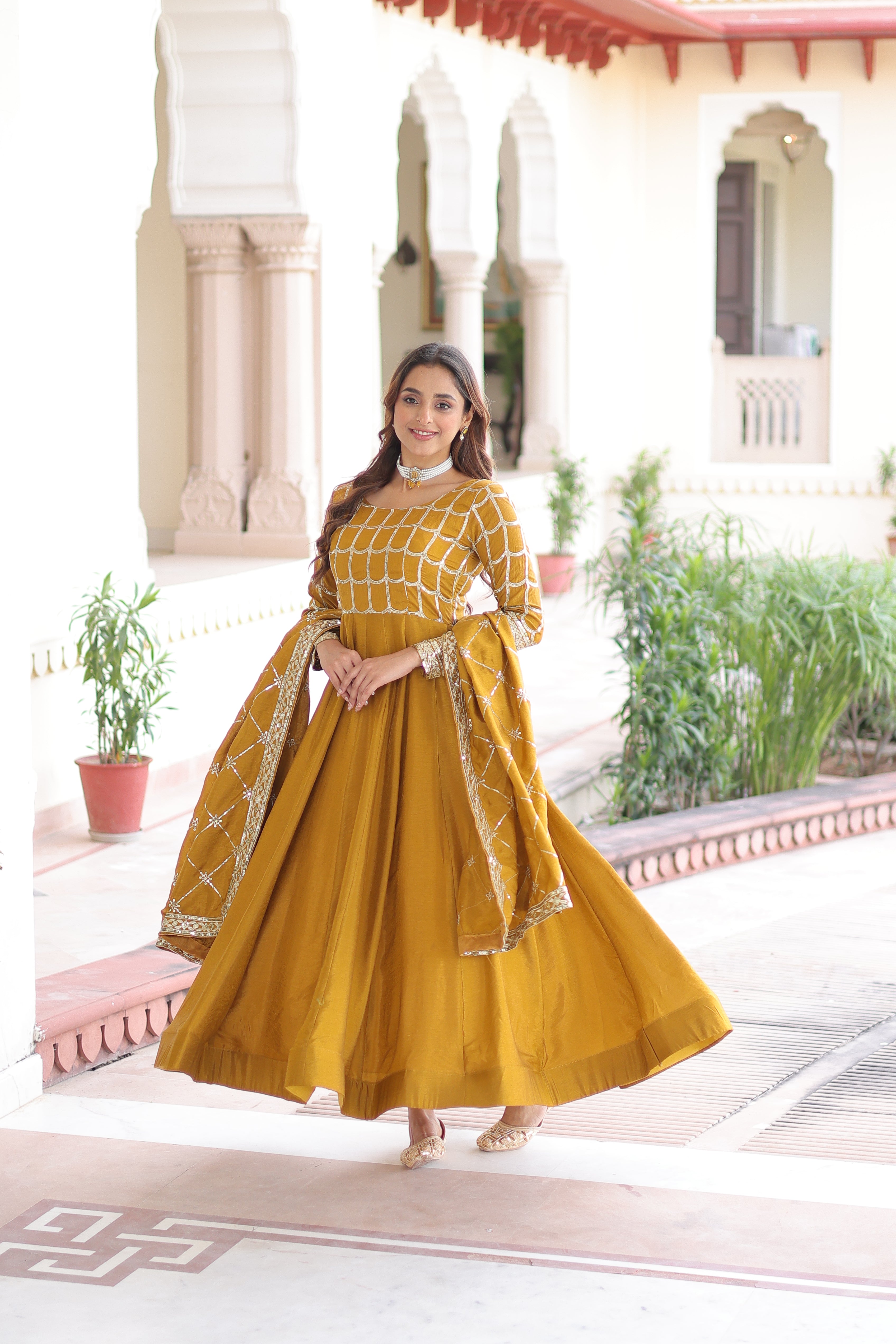 Silk Zari Embroidered Festival Wear Gown With Dupatta