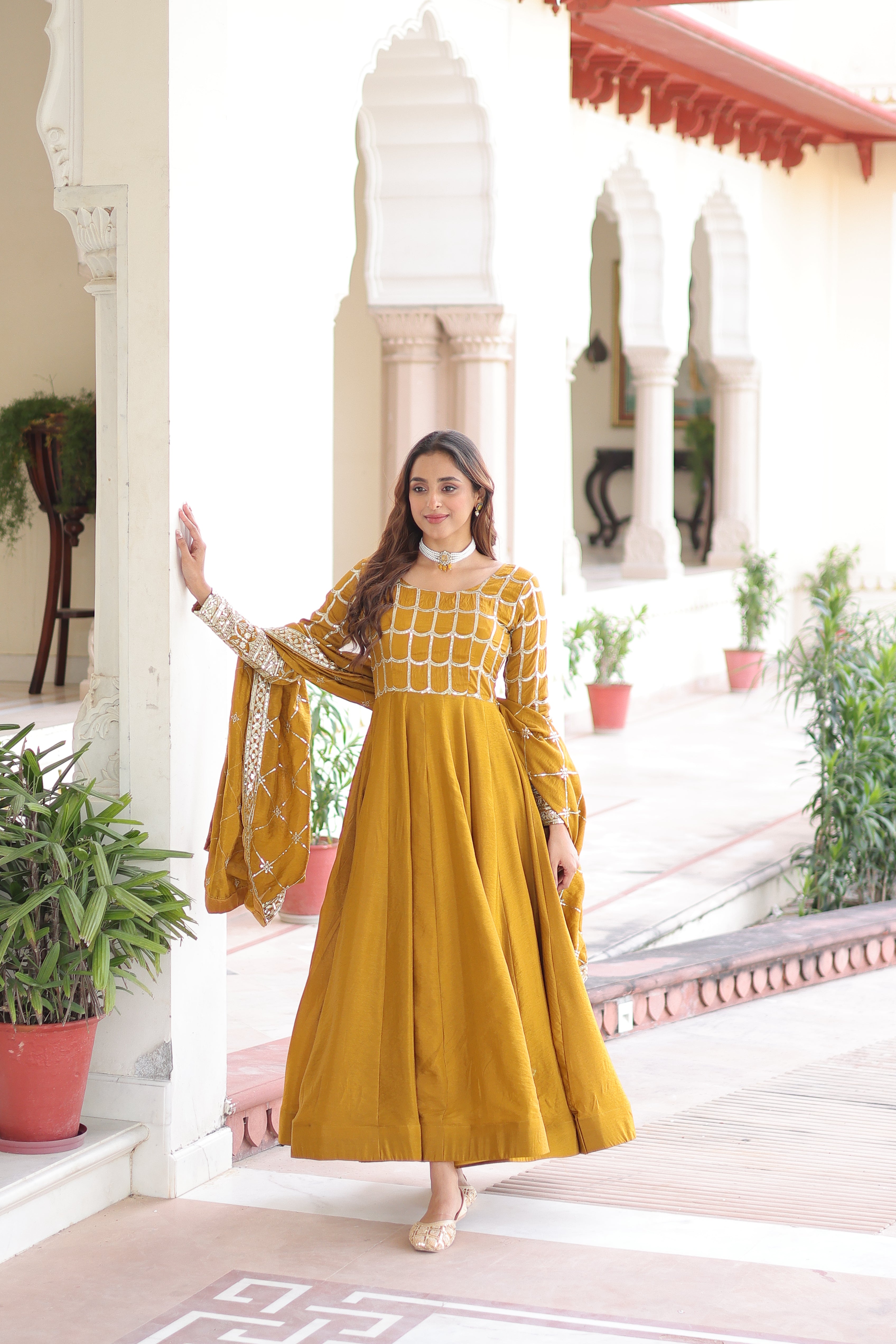 Silk Zari Embroidered Festival Wear Gown With Dupatta