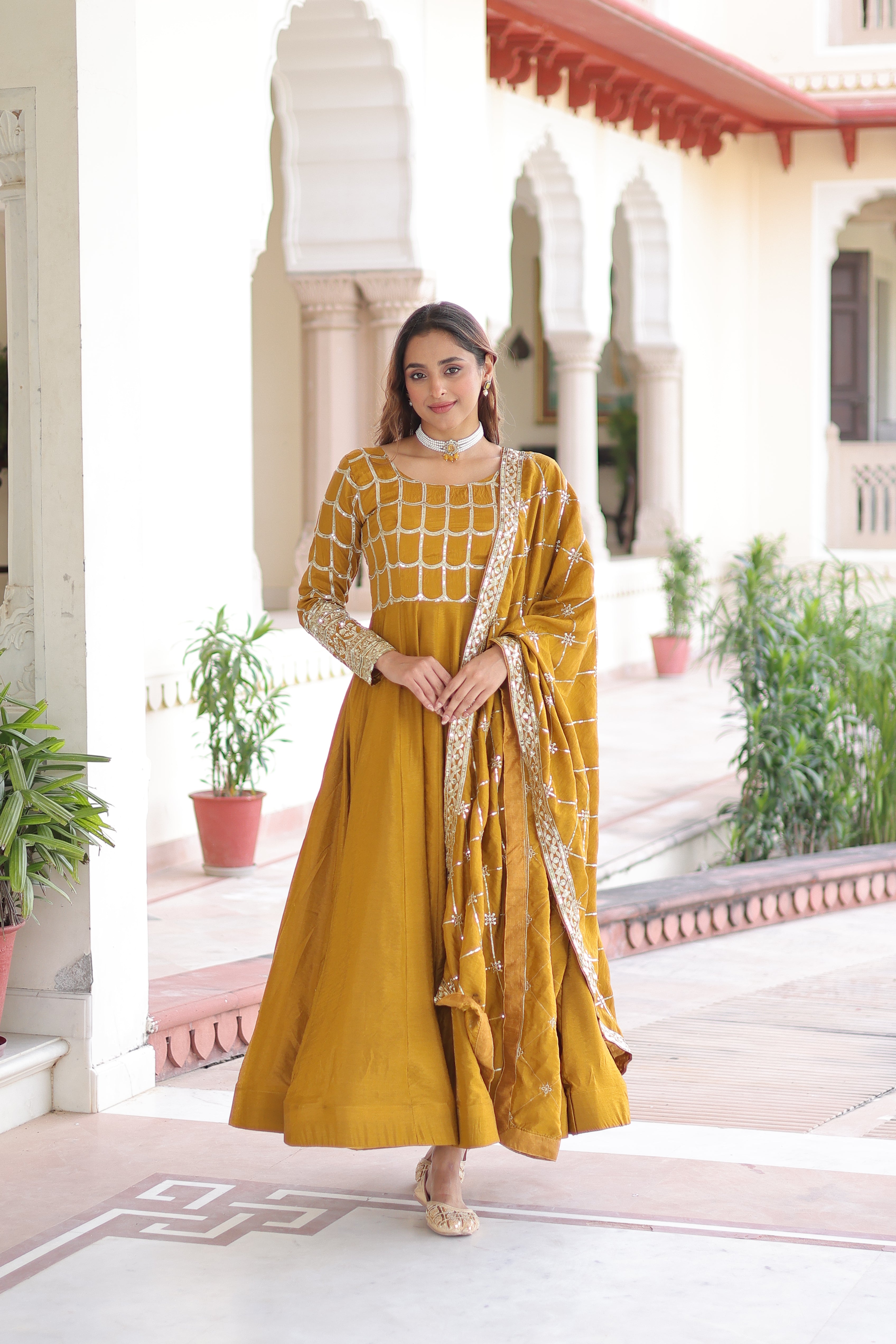 Silk Zari Embroidered Festival Wear Gown With Dupatta