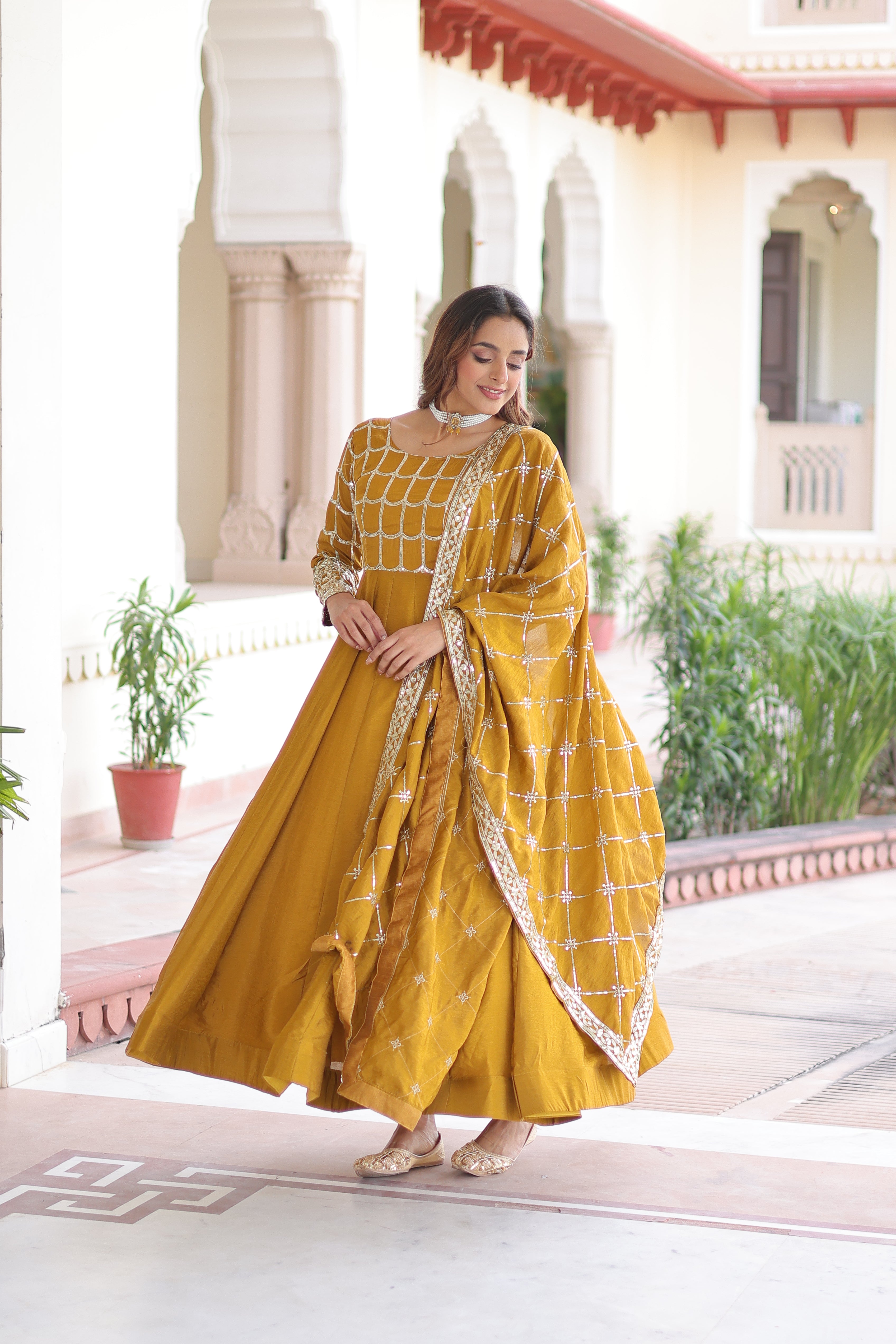 Silk Zari Embroidered Festival Wear Gown With Dupatta