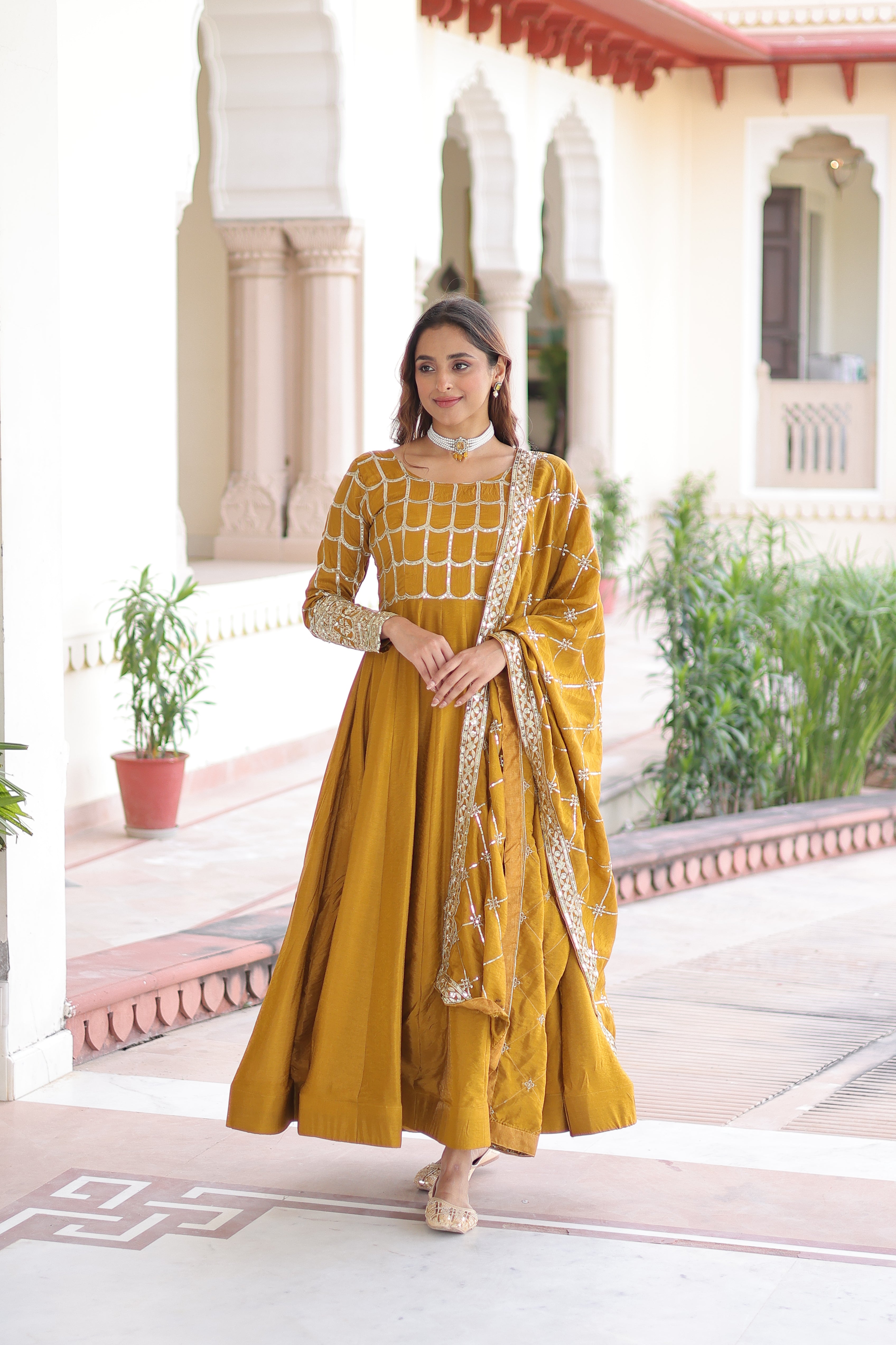 Silk Zari Embroidered Festival Wear Gown With Dupatta