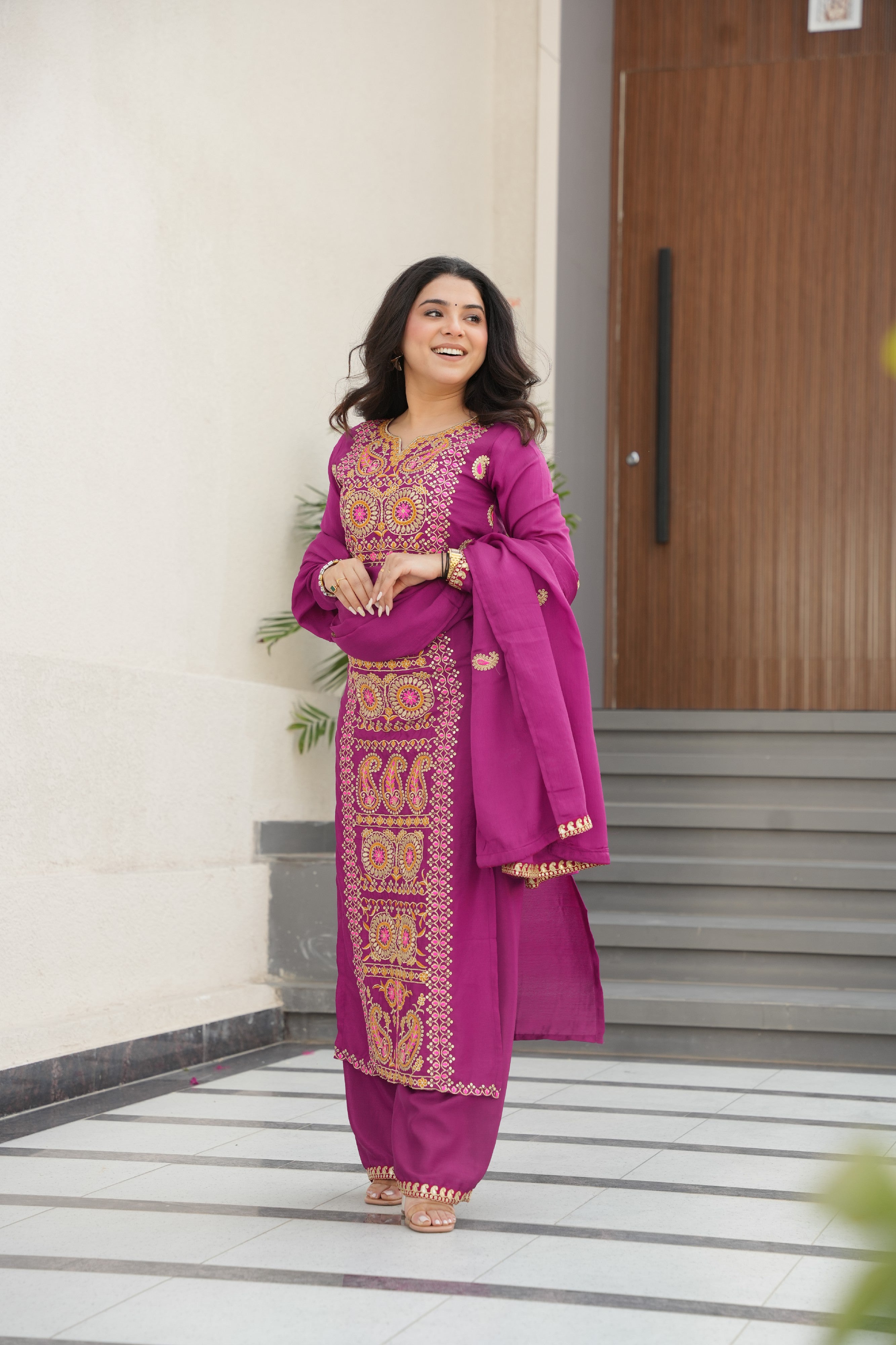 Chinon Embroidered Festival Wear Salwar Kameez for Women
