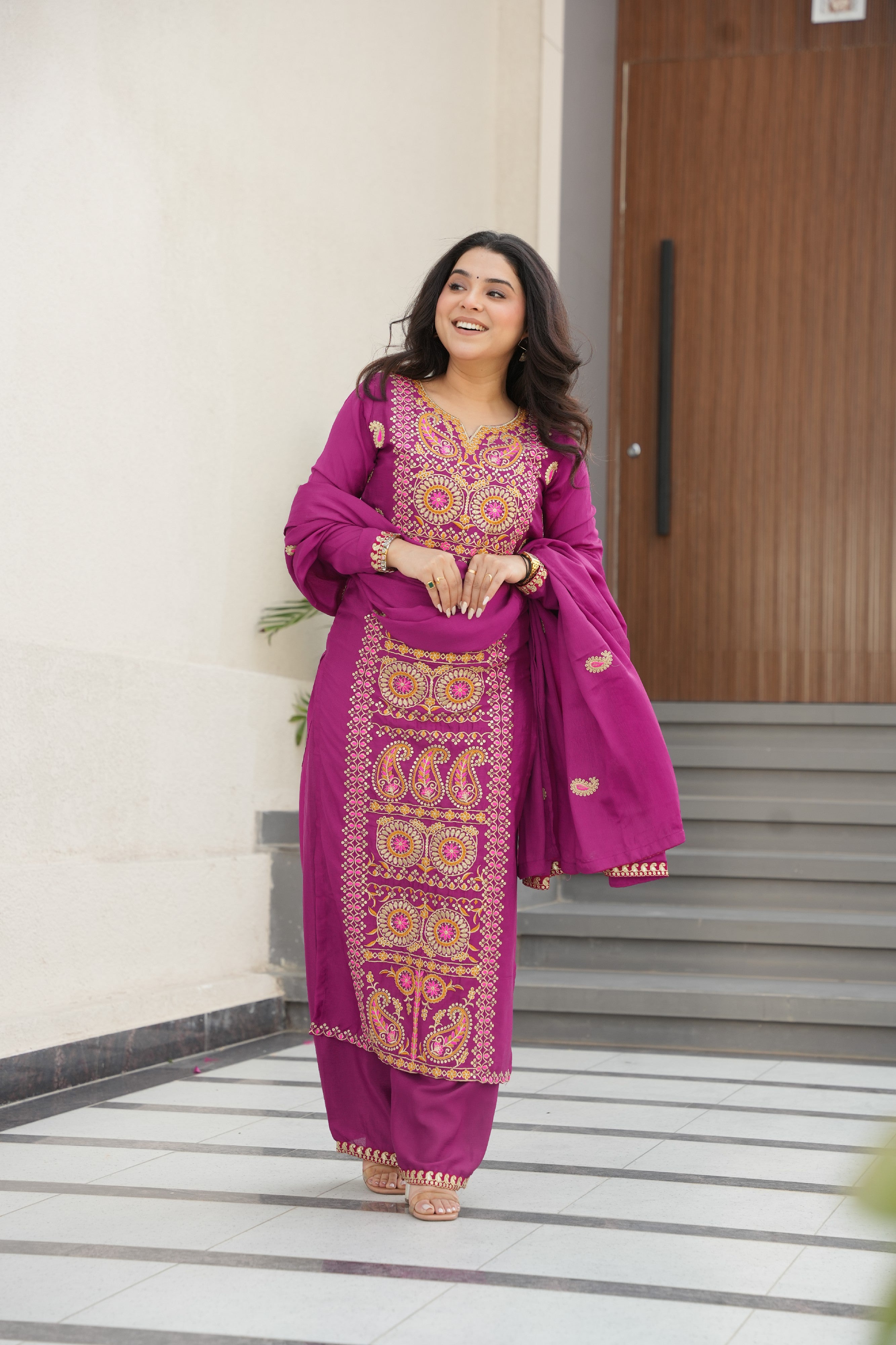 Chinon Embroidered Festival Wear Salwar Kameez for Women