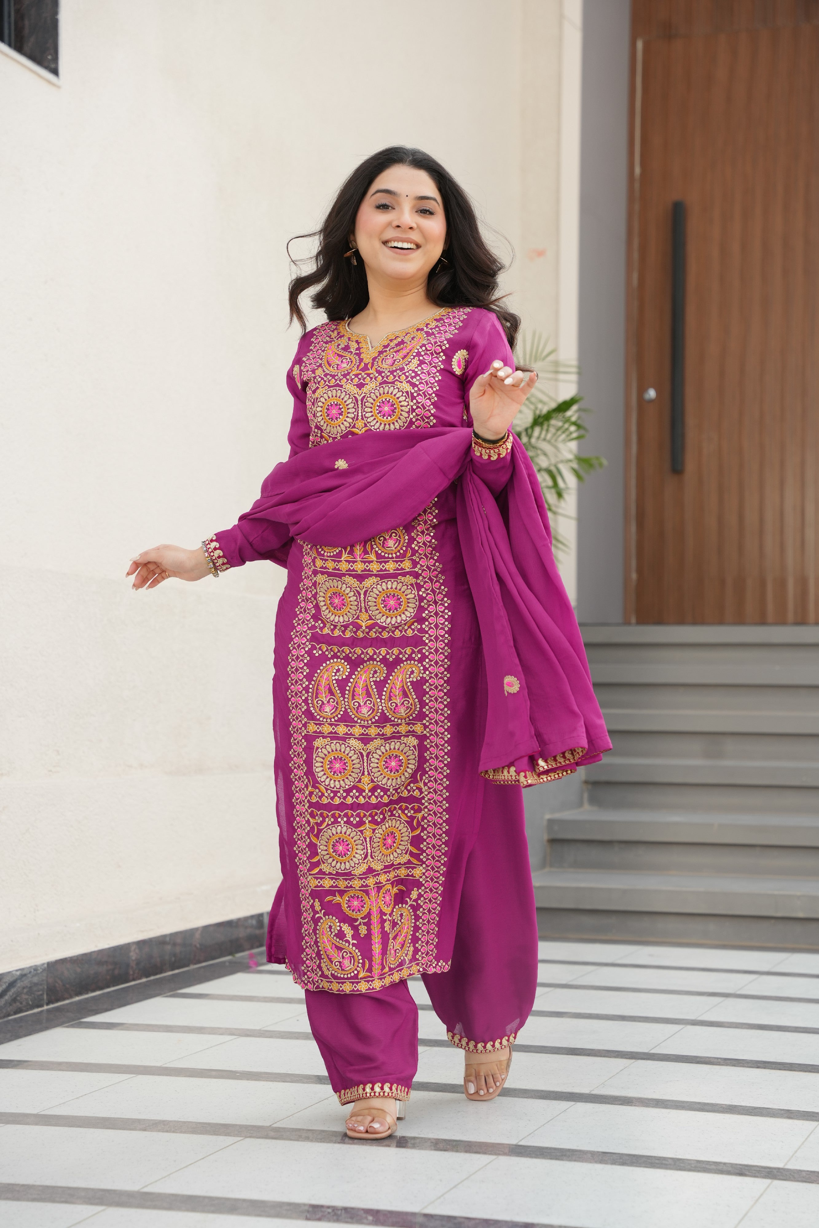 Chinon Embroidered Festival Wear Salwar Kameez for Women