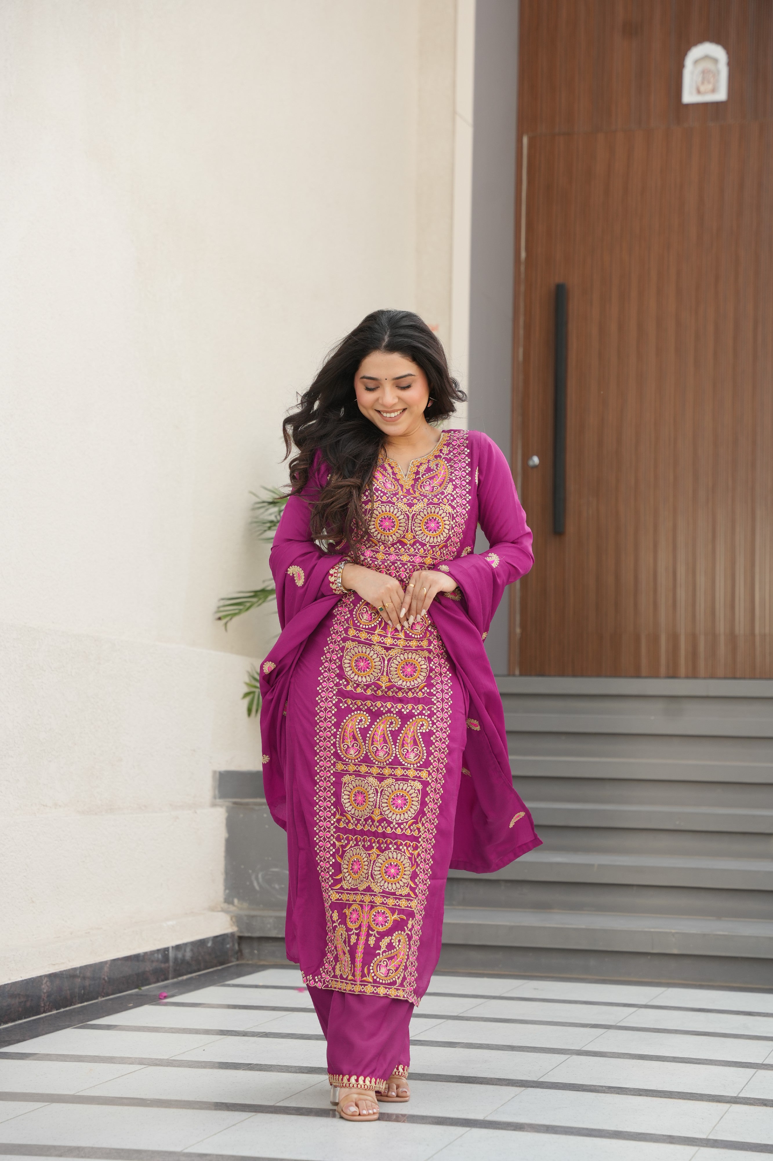 Chinon Embroidered Festival Wear Salwar Kameez for Women