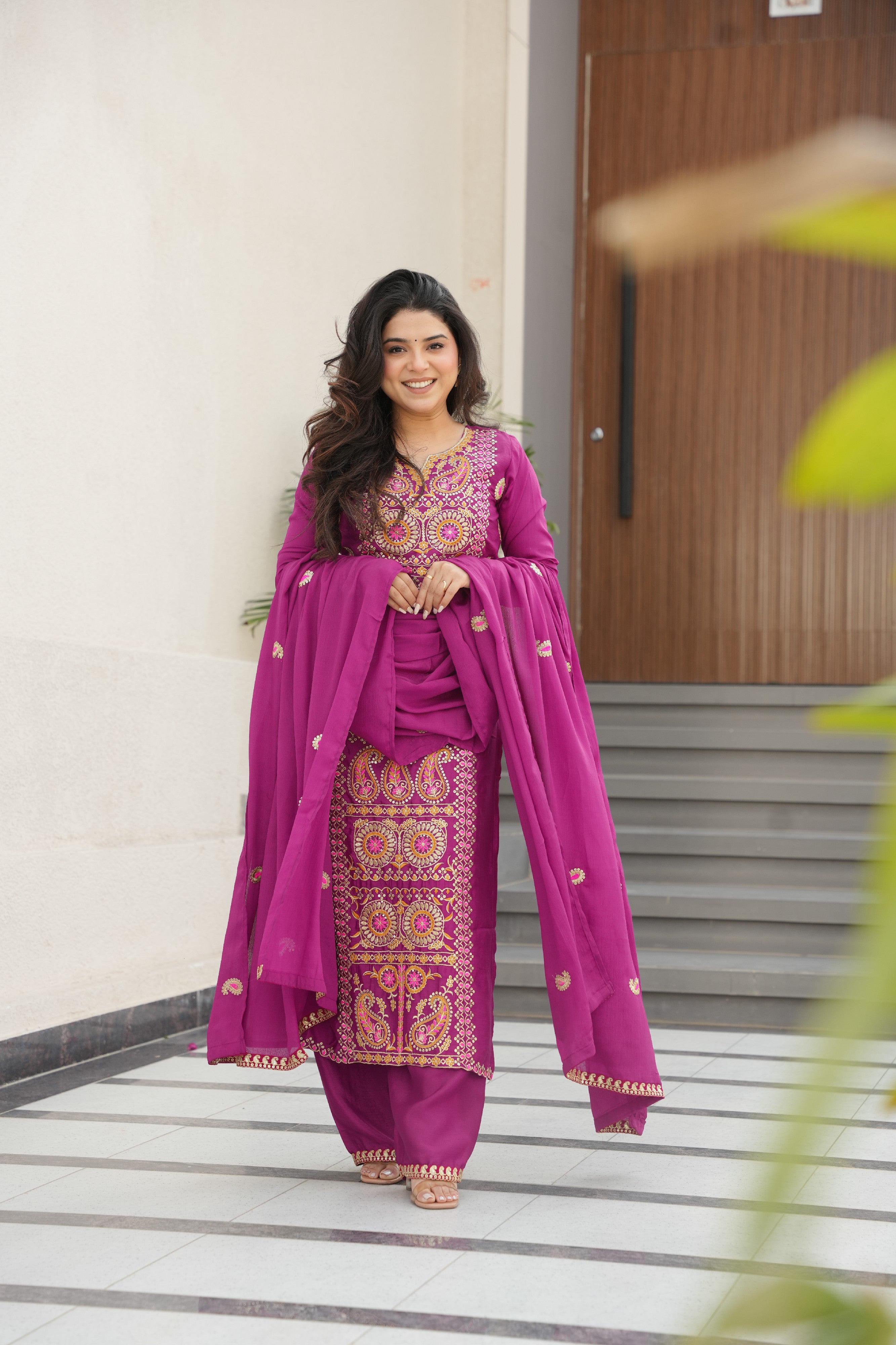 Chinon Embroidered Festival Wear Salwar Kameez for Women