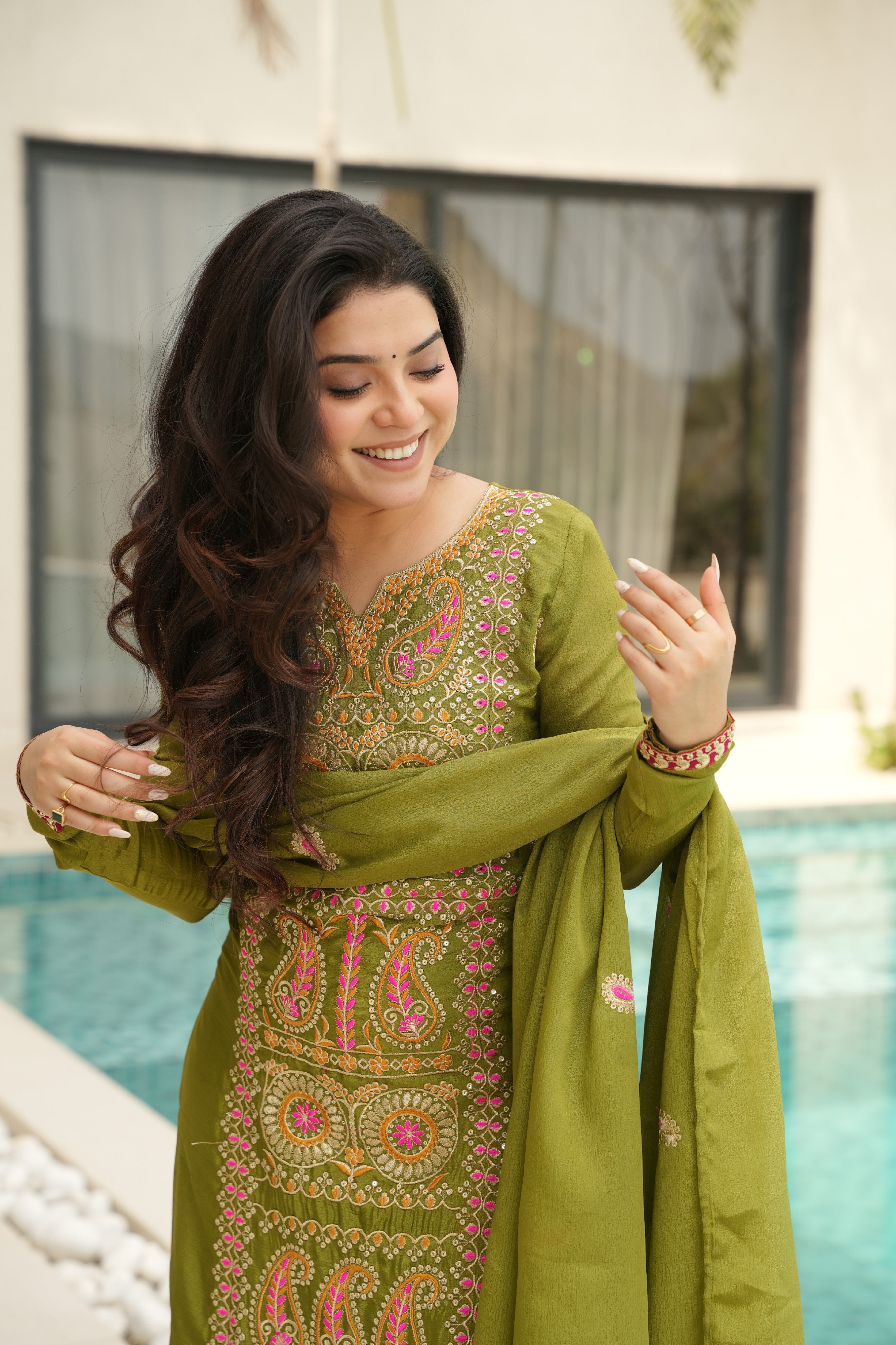 Chinon Embroidered Festival Wear Salwar Kameez for Women