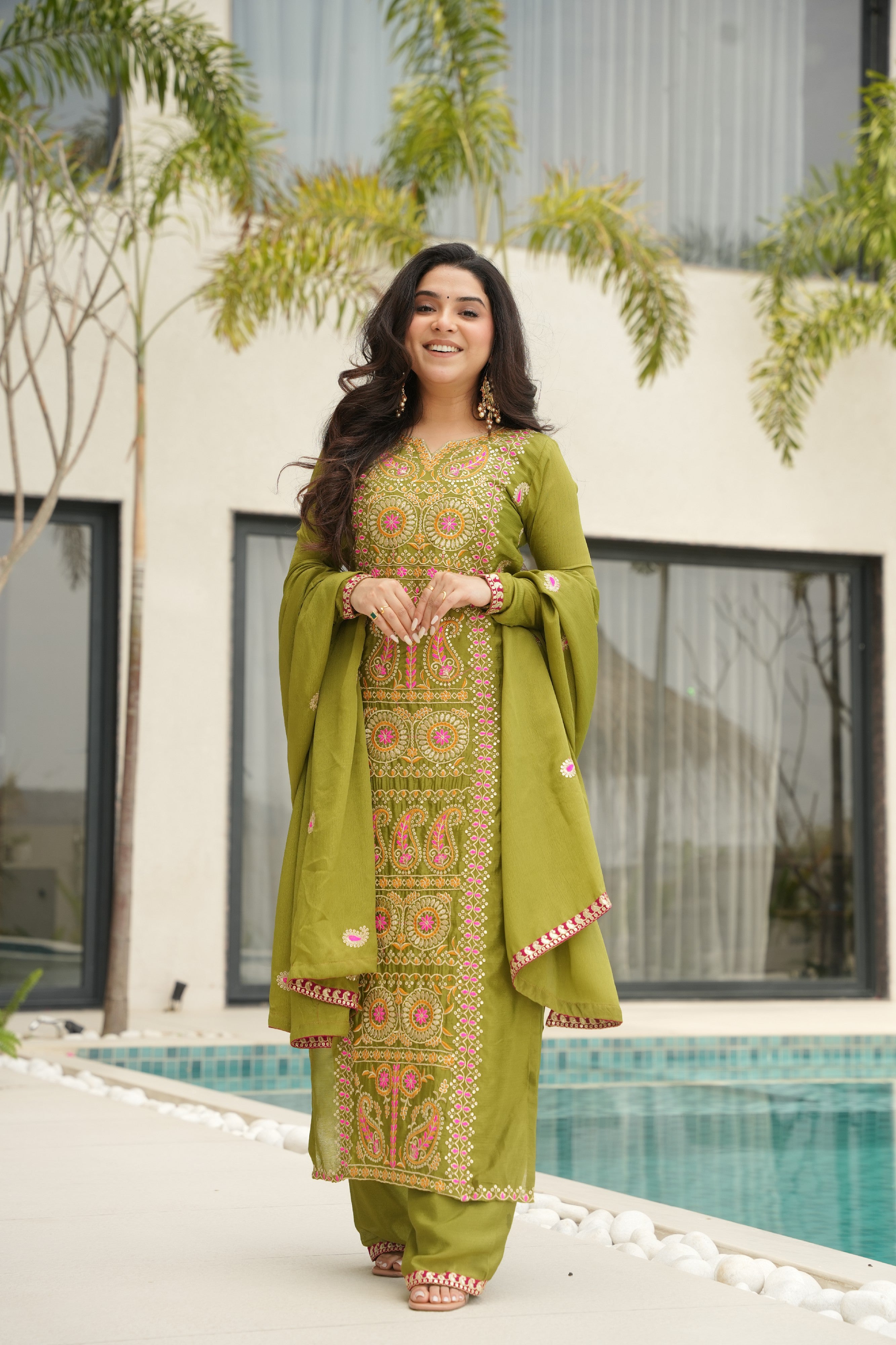 Chinon Embroidered Festival Wear Salwar Kameez for Women