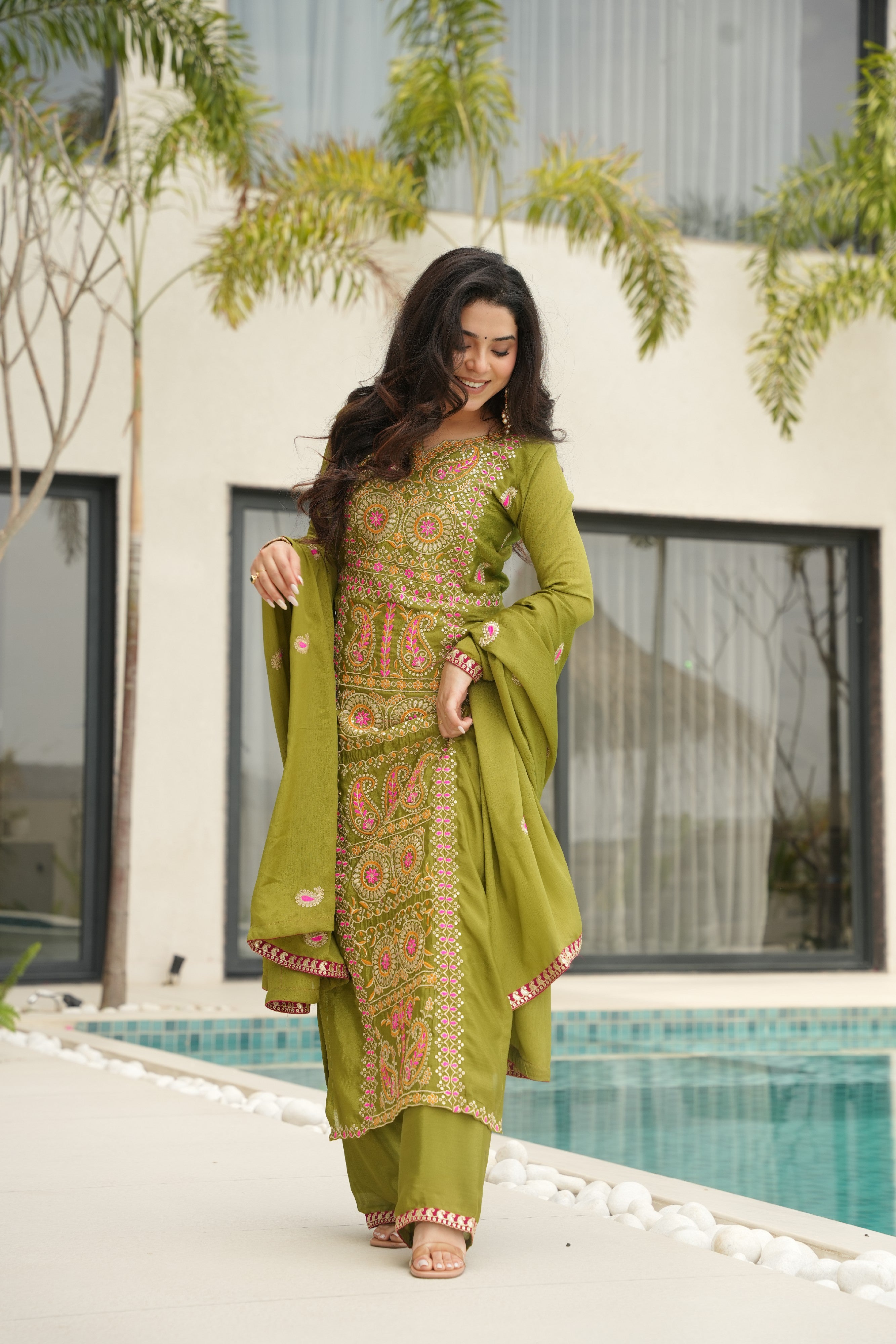 Chinon Embroidered Festival Wear Salwar Kameez for Women