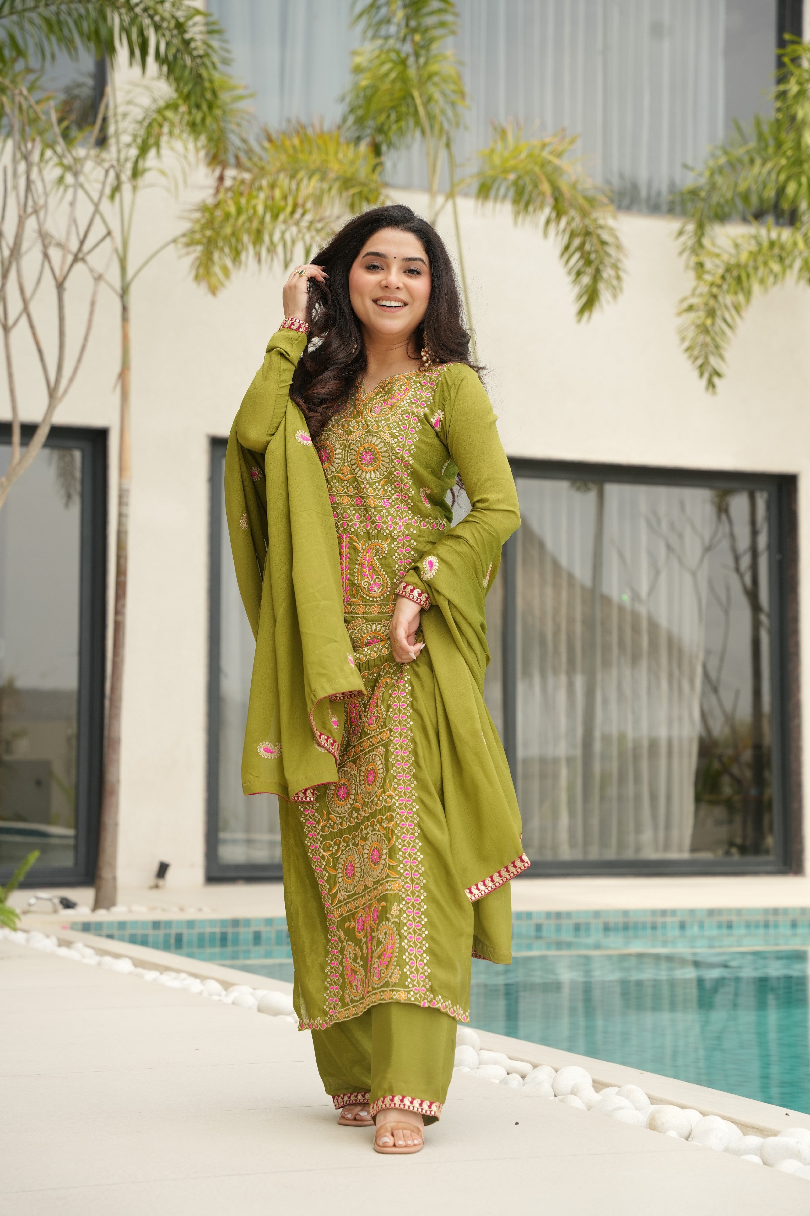 Chinon Embroidered Festival Wear Salwar Kameez for Women