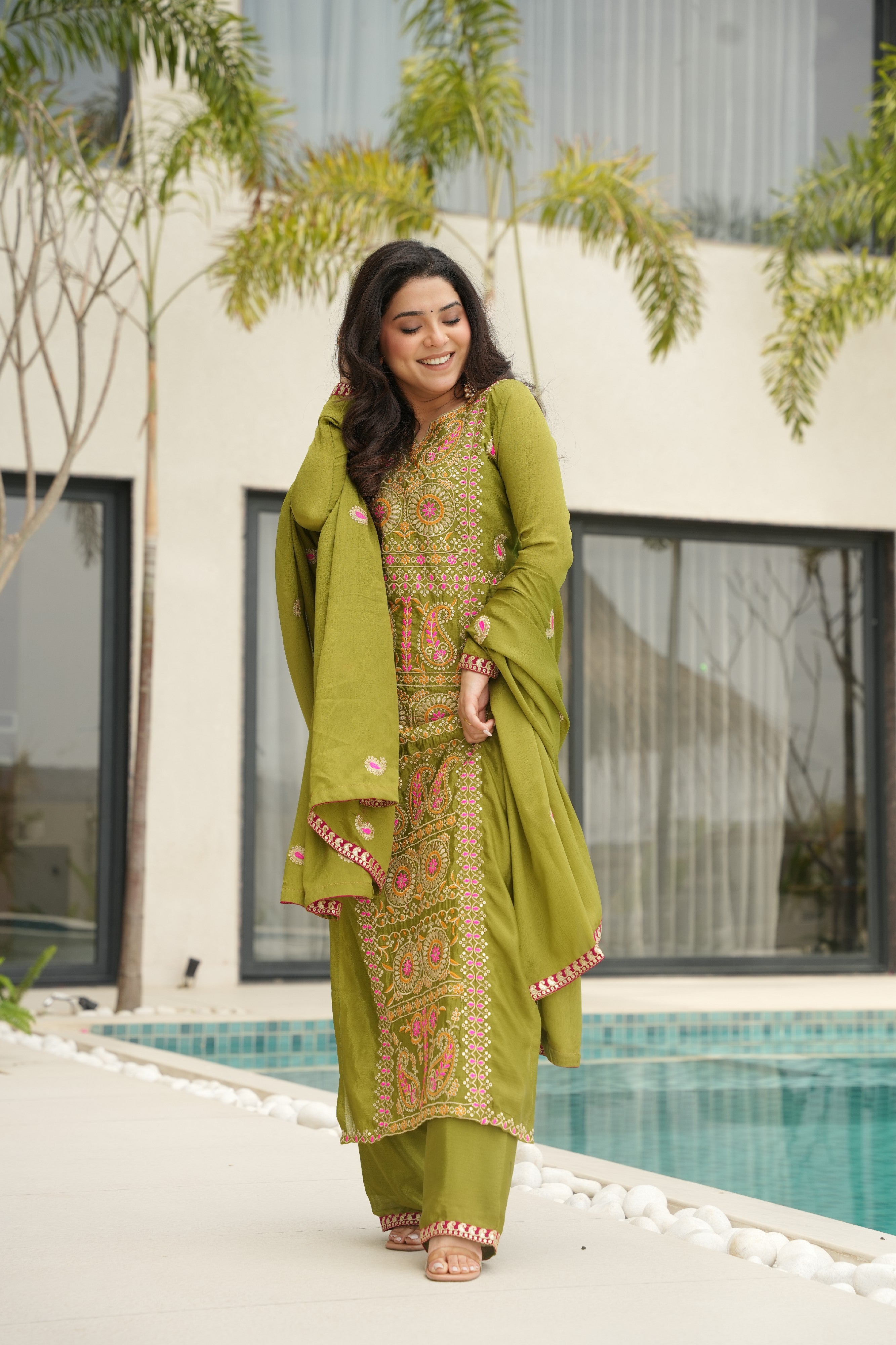 Chinon Embroidered Festival Wear Salwar Kameez for Women