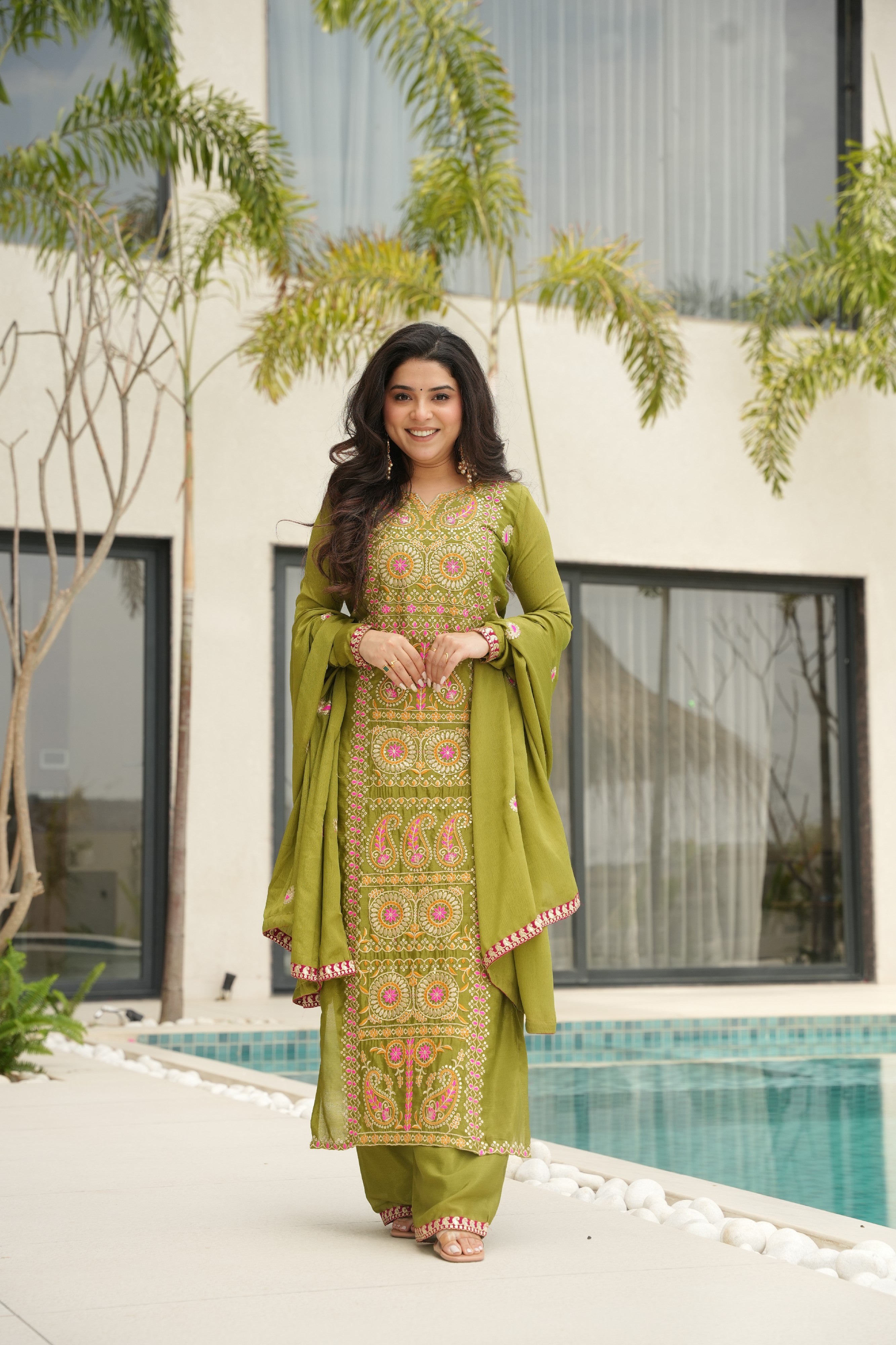 Chinon Embroidered Festival Wear Salwar Kameez for Women