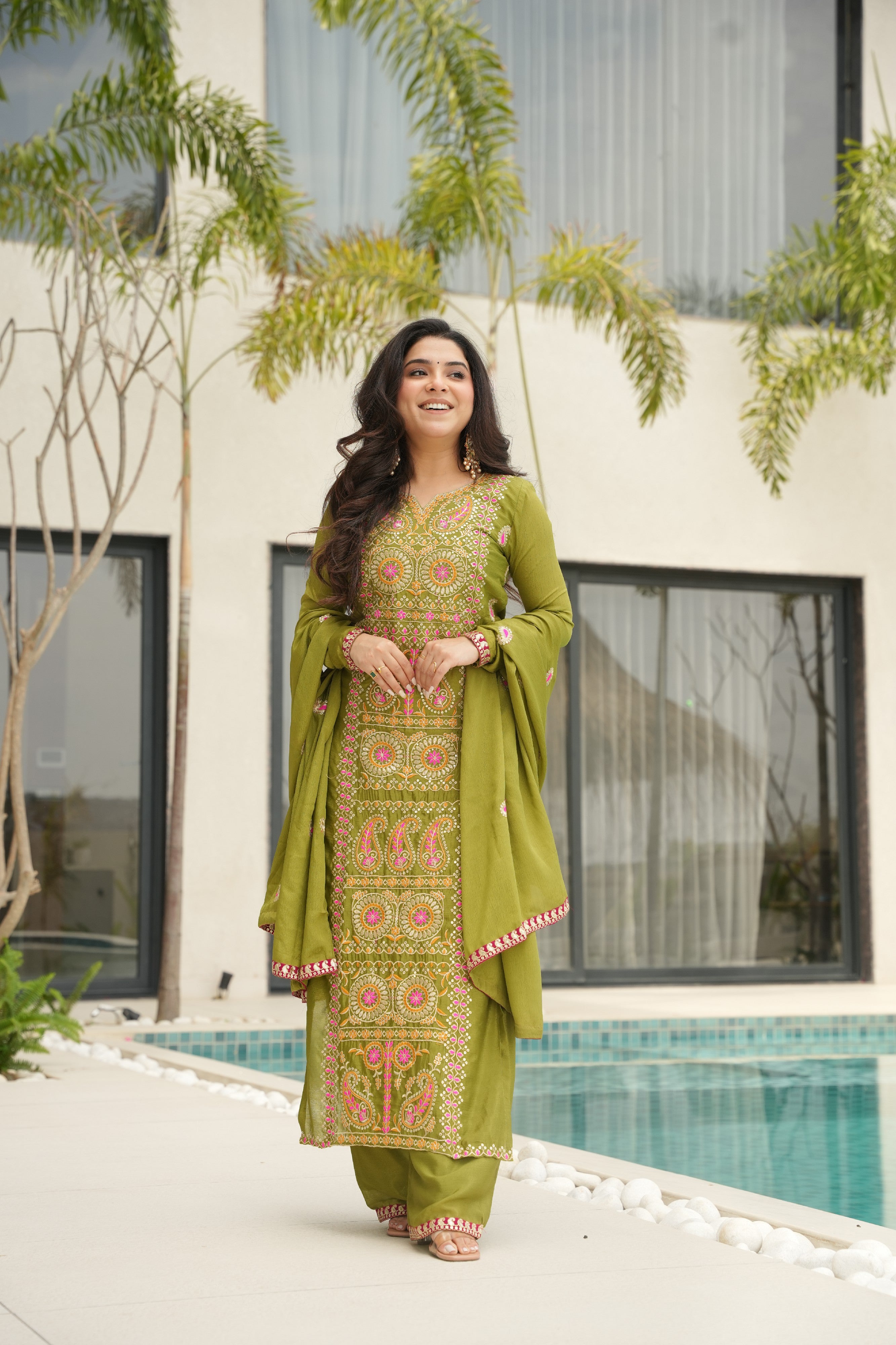 Chinon Embroidered Festival Wear Salwar Kameez for Women