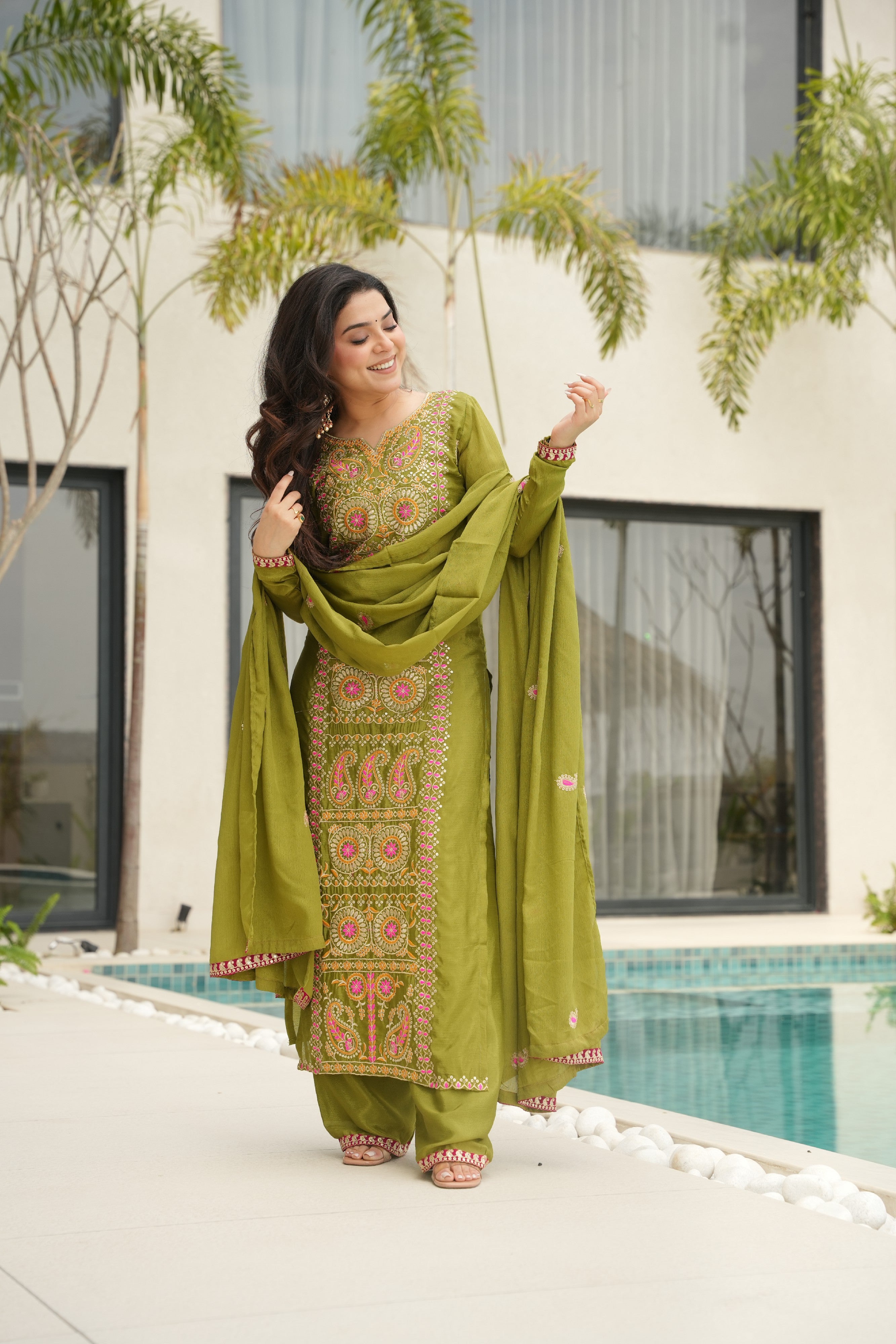 Chinon Embroidered Festival Wear Salwar Kameez for Women