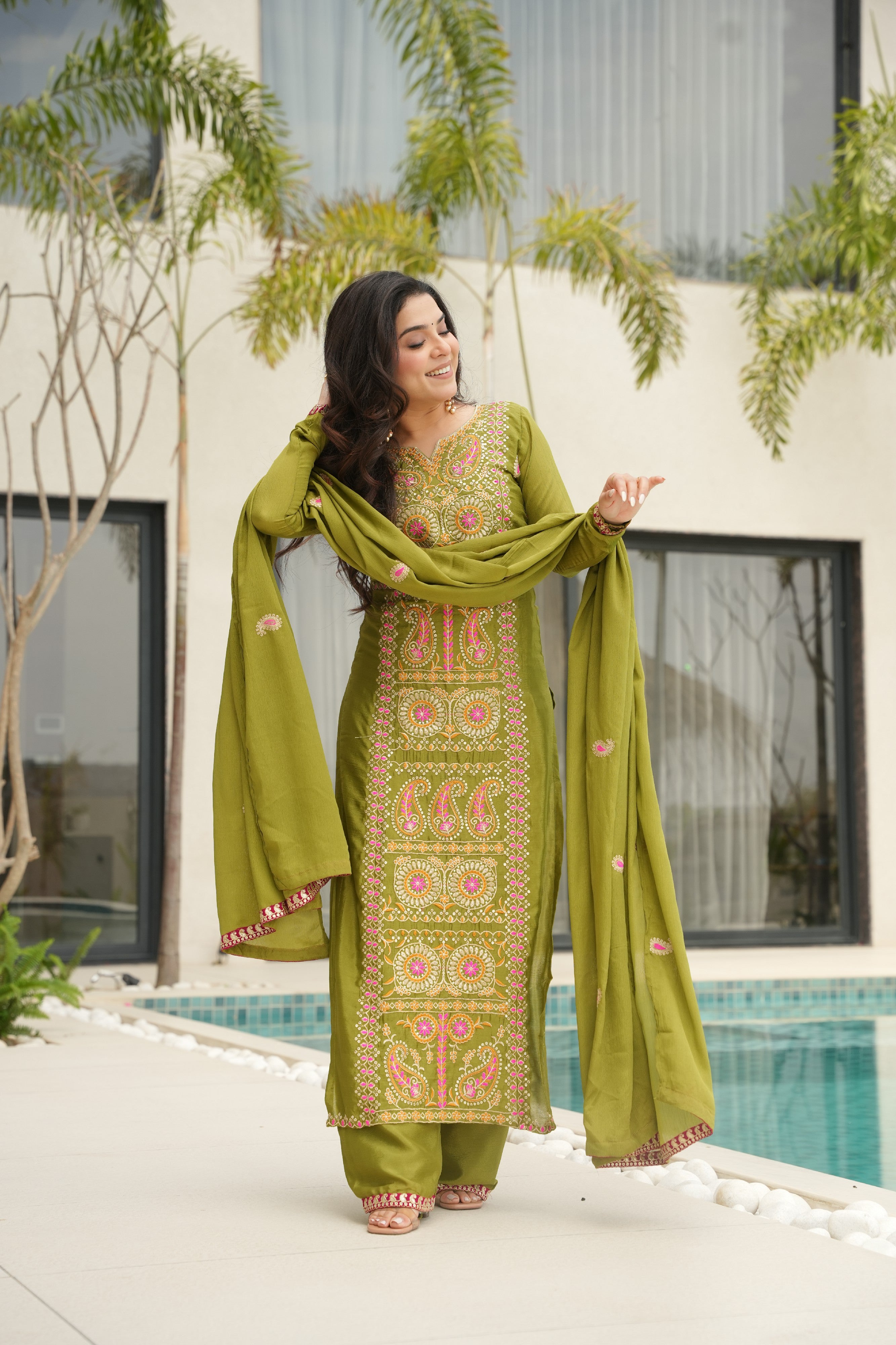 Chinon Embroidered Festival Wear Salwar Kameez for Women