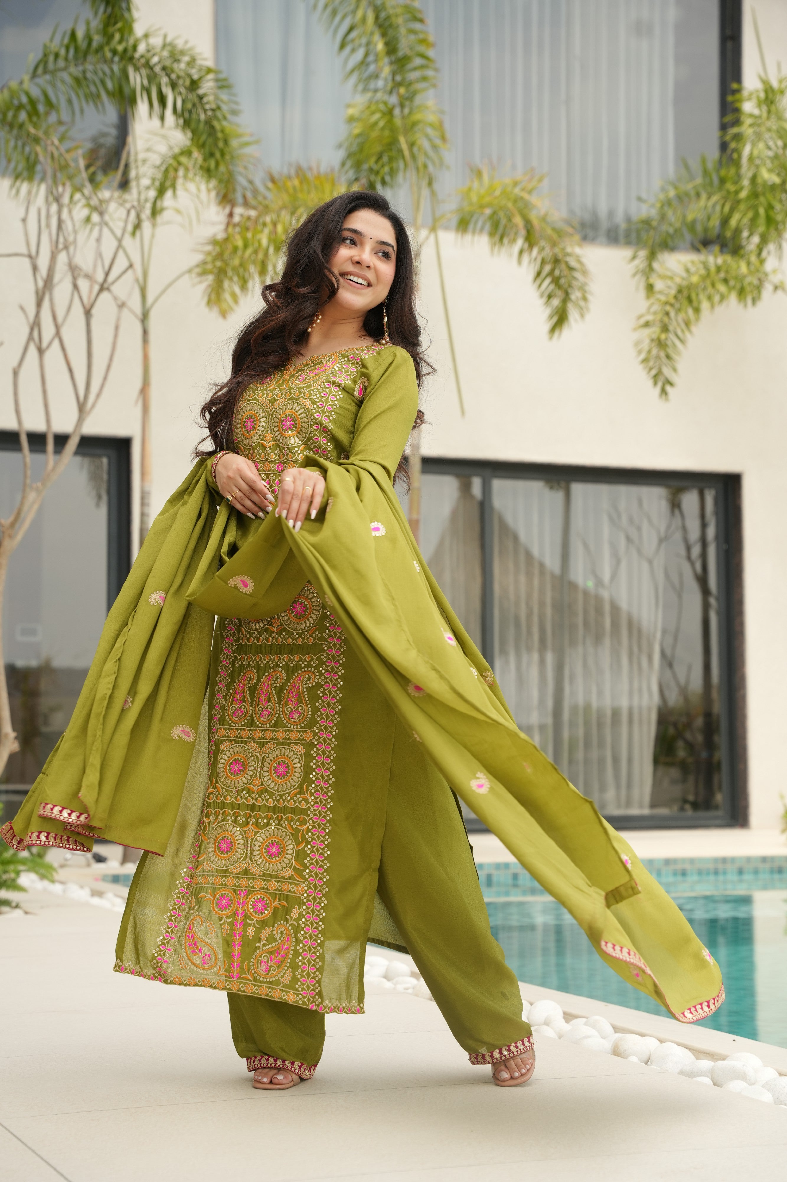 Chinon Embroidered Festival Wear Salwar Kameez for Women
