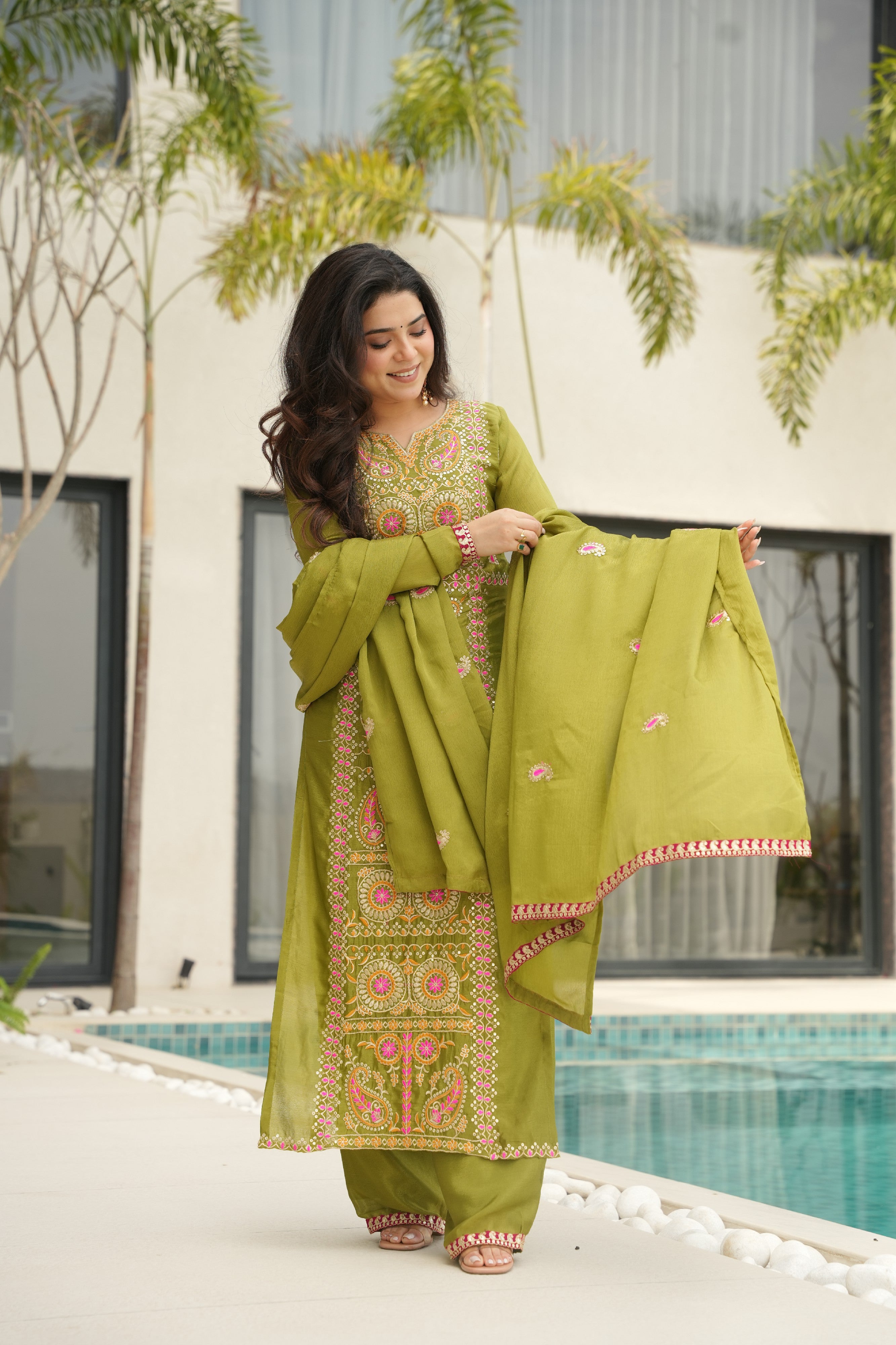 Chinon Embroidered Festival Wear Salwar Kameez for Women