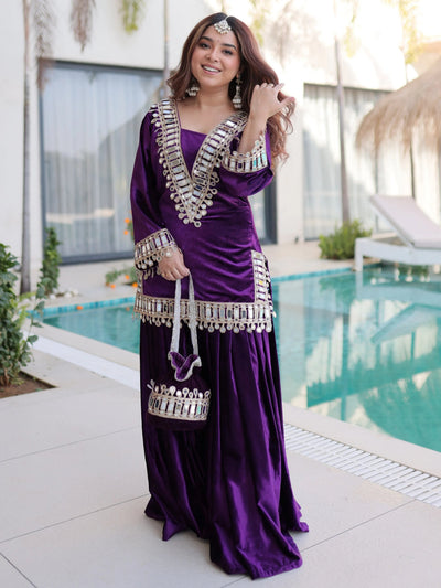 Purple Velvet Zari Embroidered Festival Wear Top With Palazzo