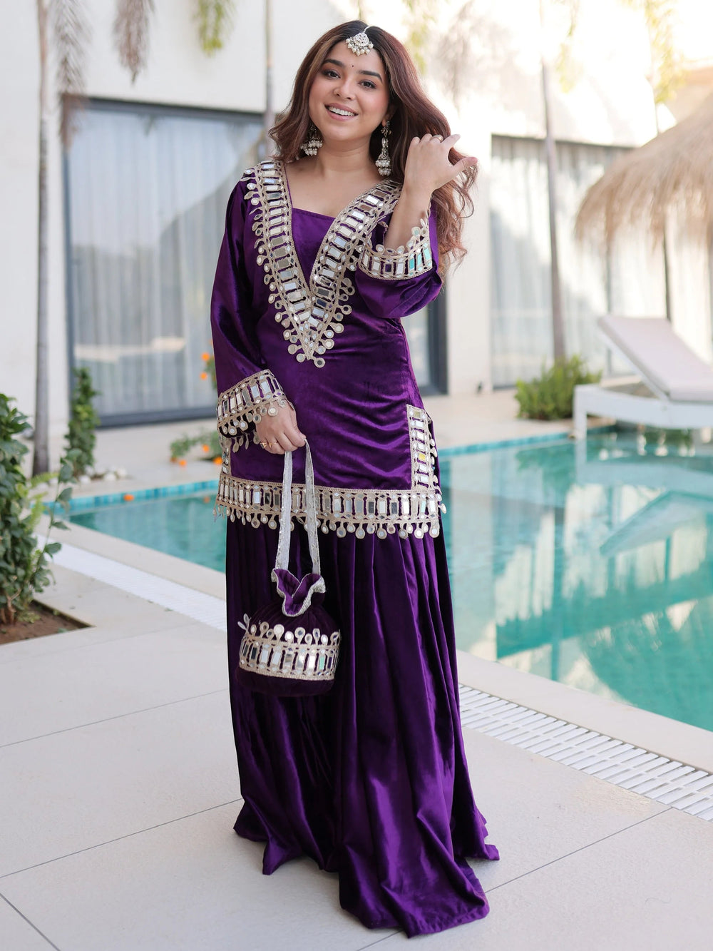 Purple Velvet Zari Embroidered Festival Wear Top With Palazzo