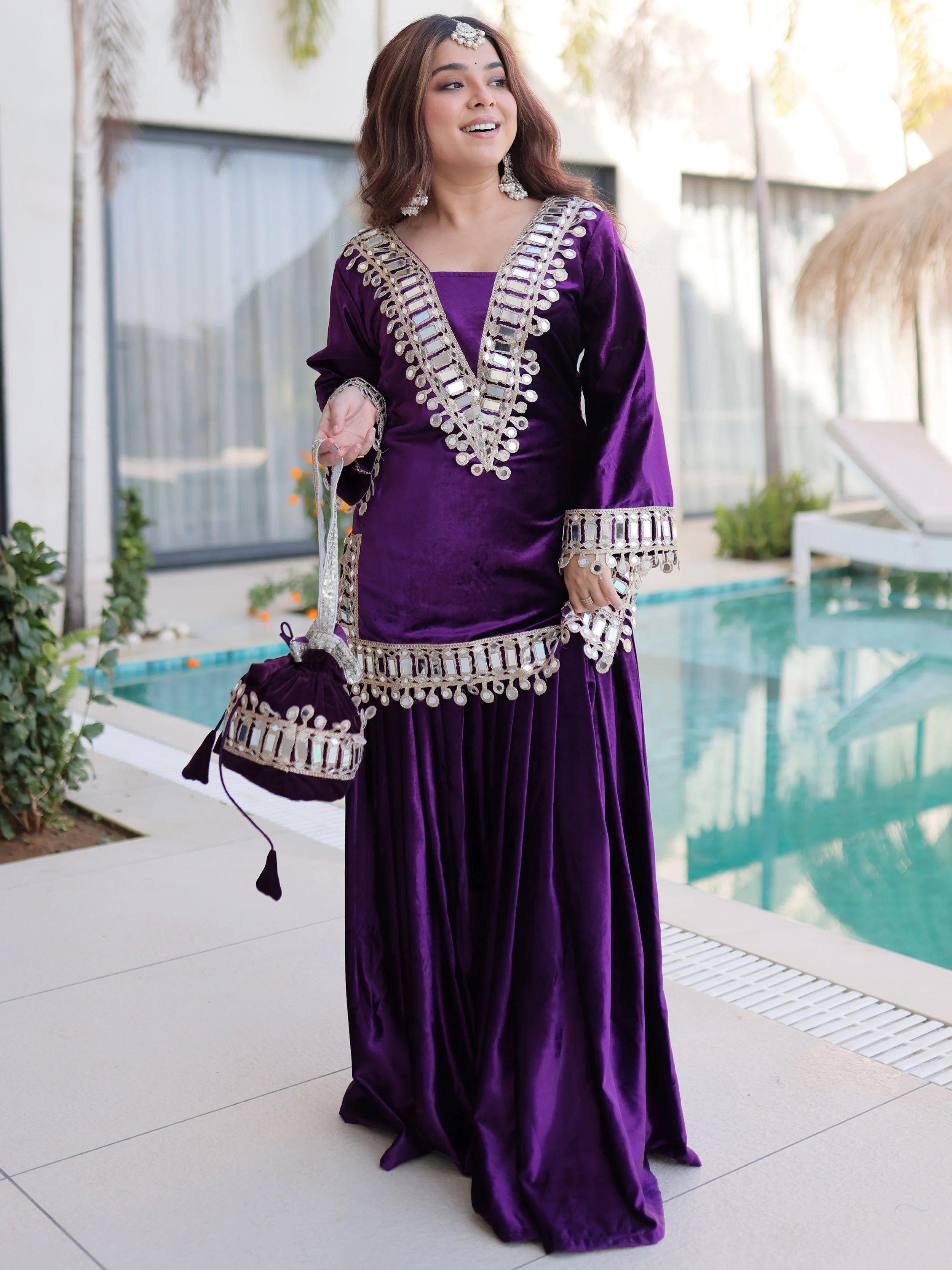 Purple Velvet Zari Embroidered Festival Wear Top With Palazzo
