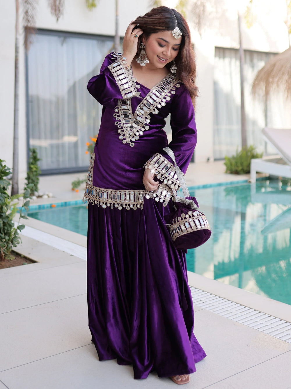 Purple Velvet Zari Embroidered Festival Wear Top With Palazzo