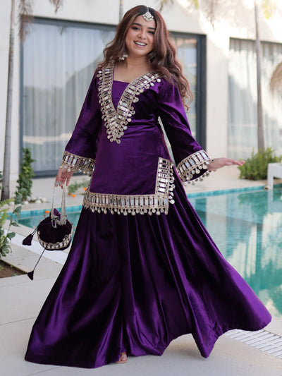 Purple Velvet Zari Embroidered Festival Wear Top With Palazzo
