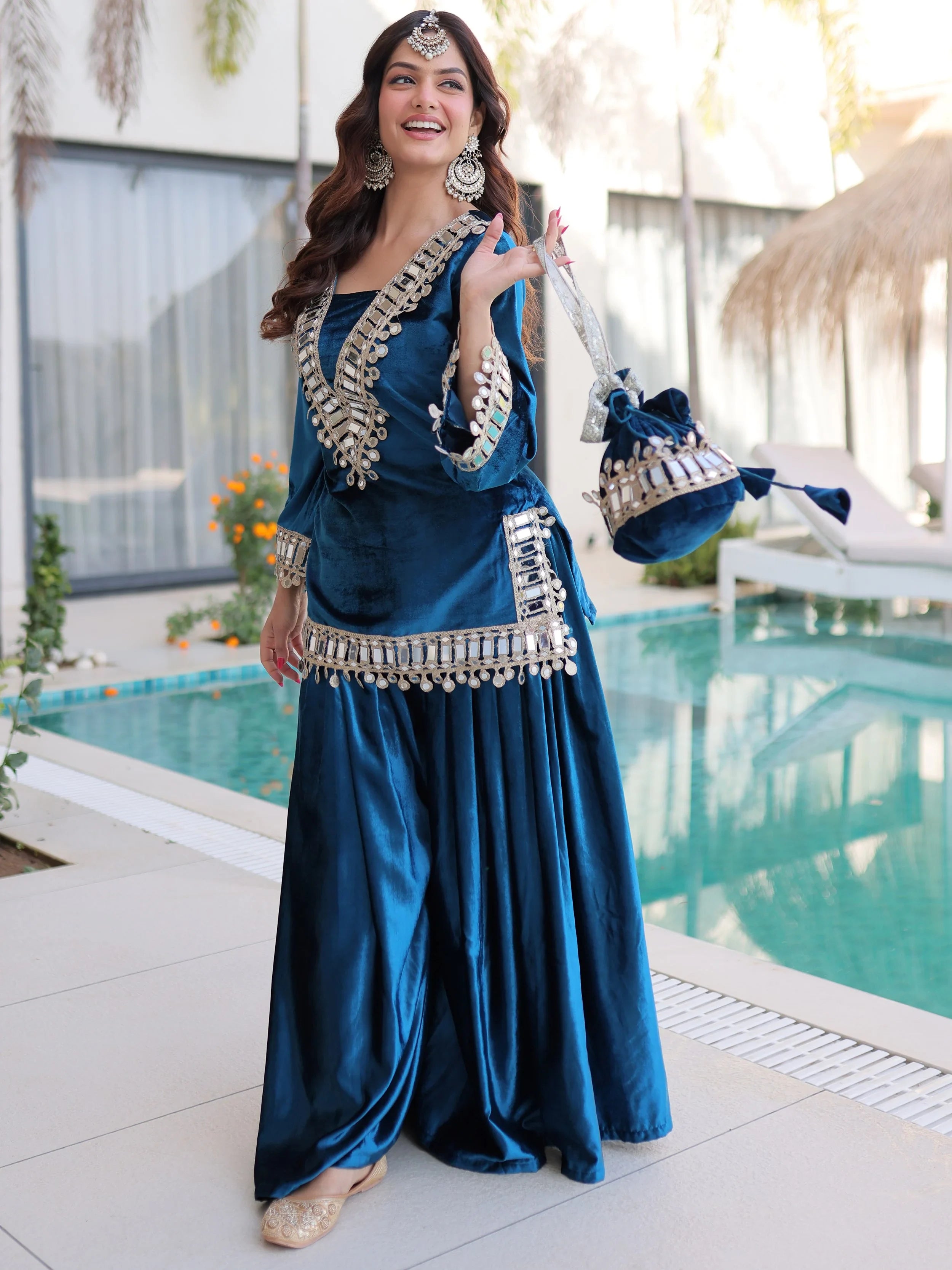 Blue Velvet Mirror Work Wedding Wear Top With Palazzo