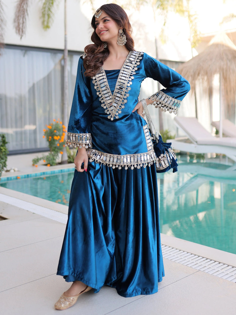 Blue Velvet Mirror Work Wedding Wear Top With Palazzo