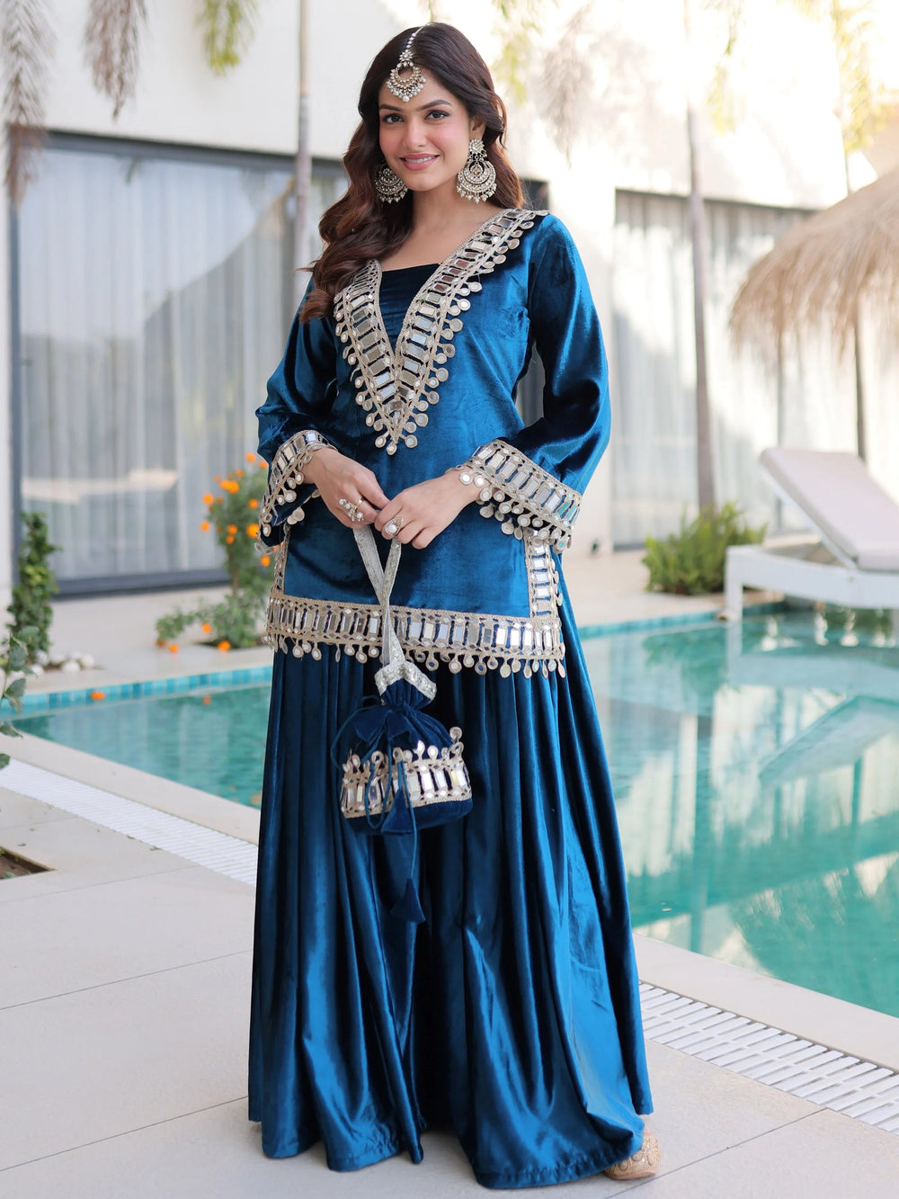 Blue Velvet Mirror Work Wedding Wear Top With Palazzo