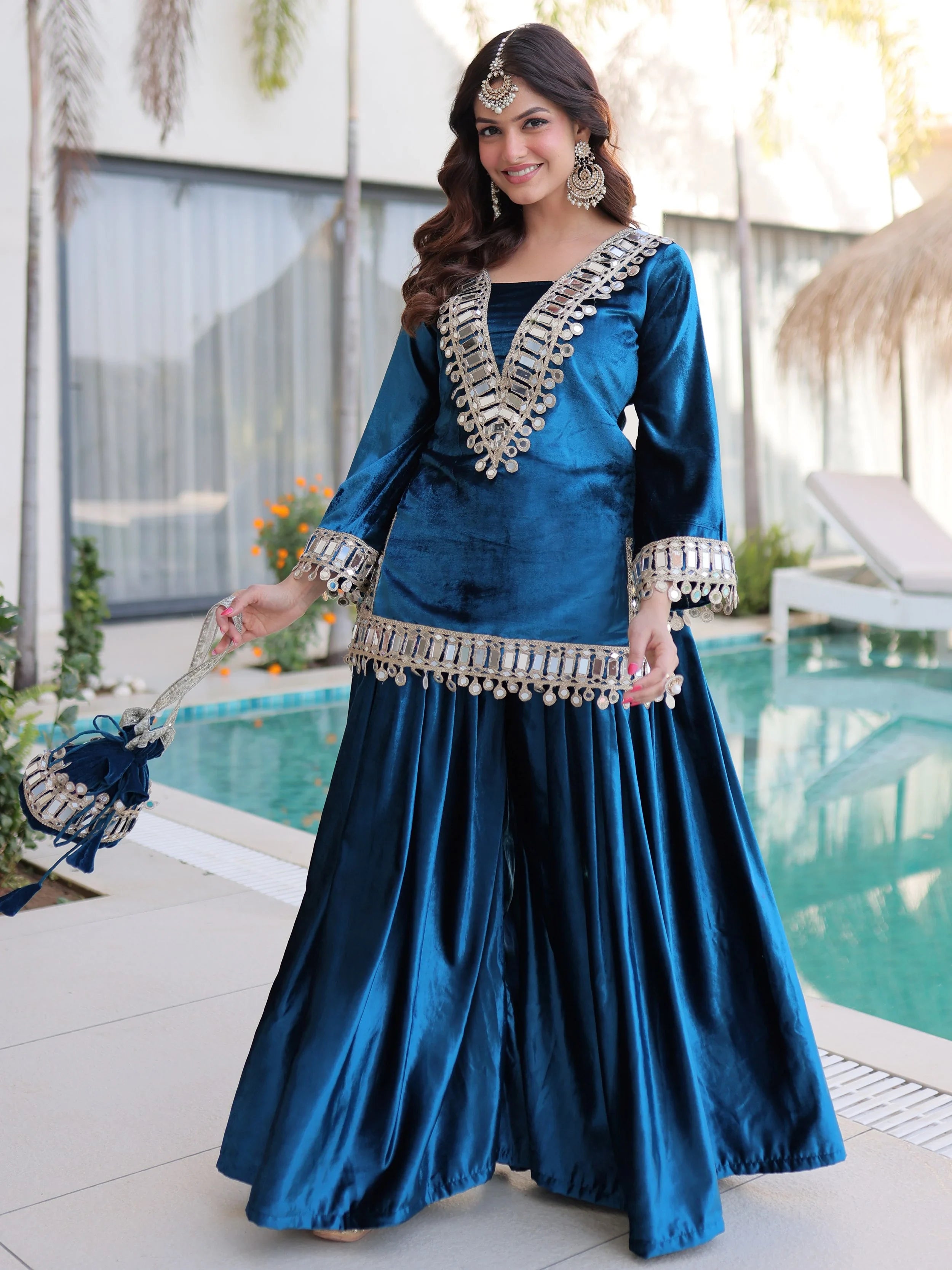 Blue Velvet Mirror Work Wedding Wear Top With Palazzo