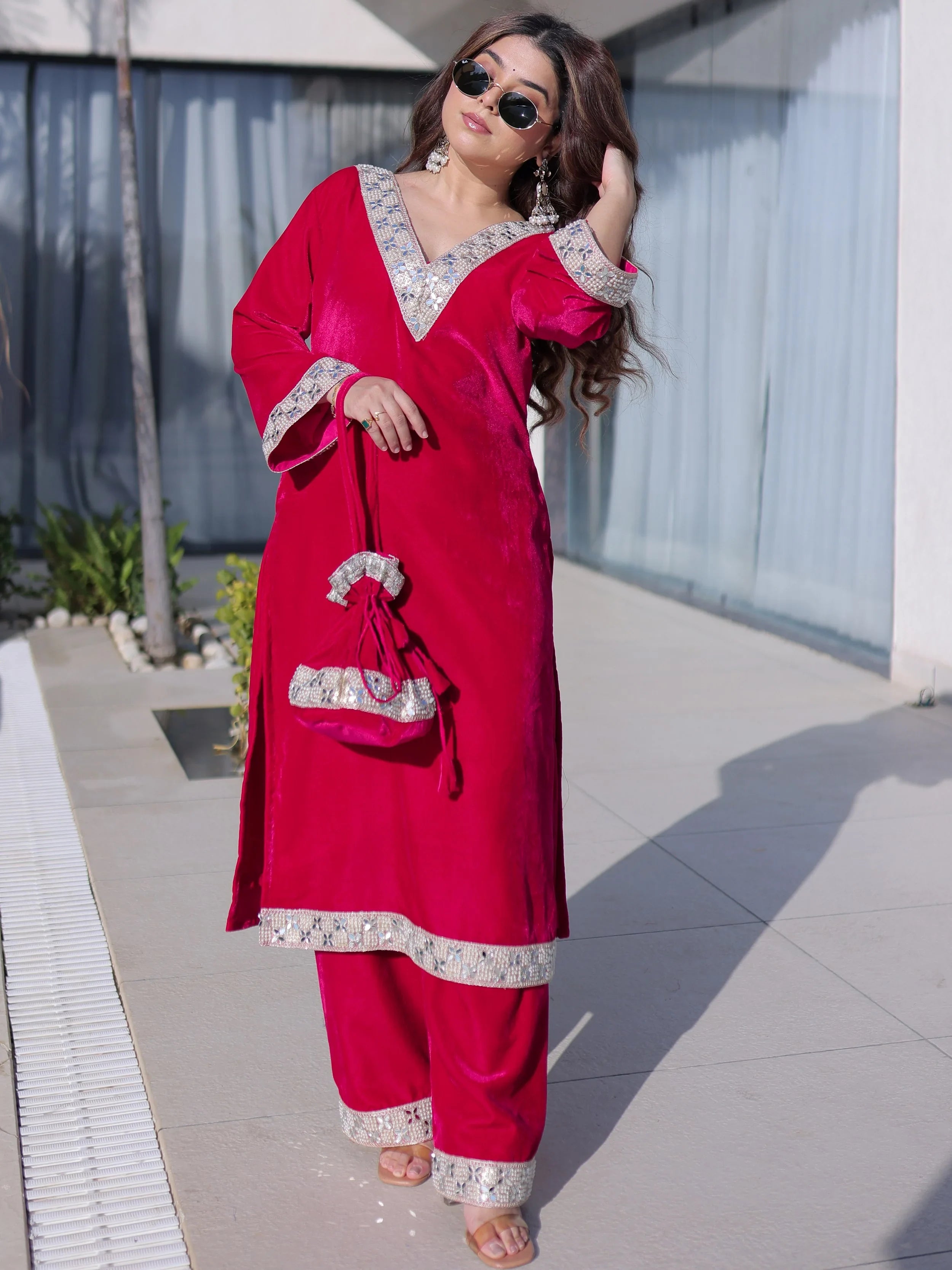 Pink Velvet Zari Embroidered Festival Salwar Kameez for Women