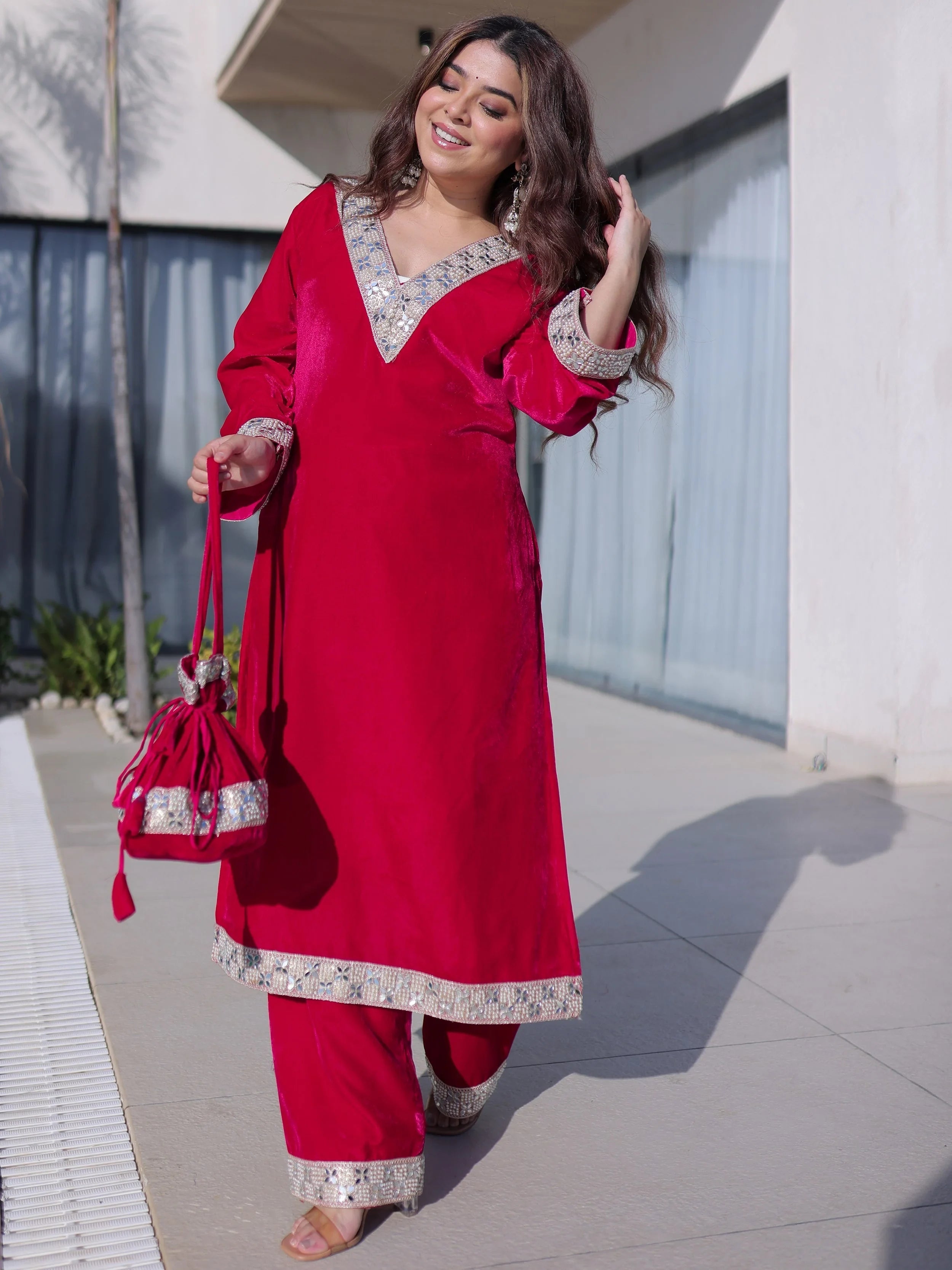 Pink Velvet Zari Embroidered Festival Salwar Kameez for Women