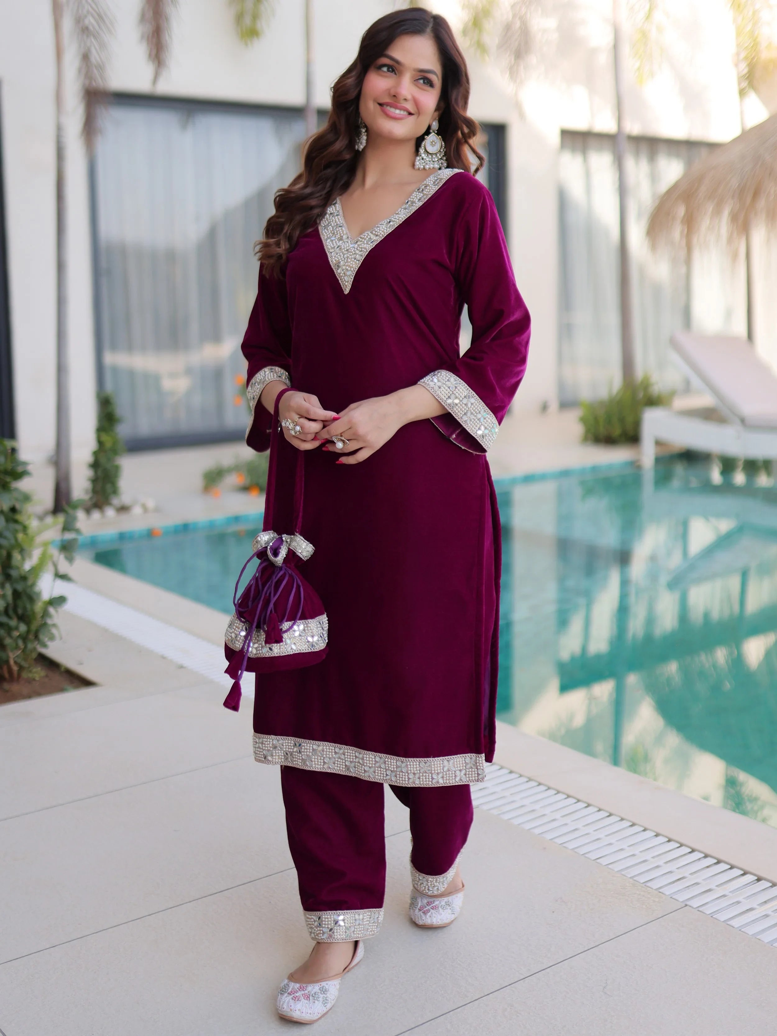 Wine Velvet Zari Embroidered Wedding Salwar Kameez for Women