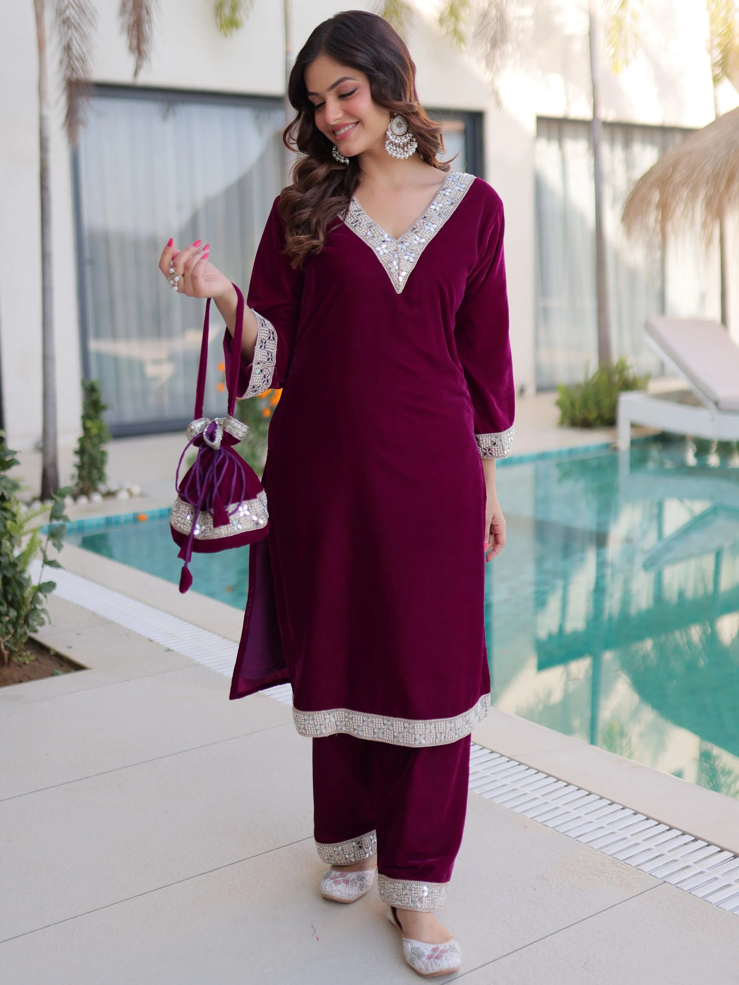 Wine Velvet Zari Embroidered Wedding Salwar Kameez for Women