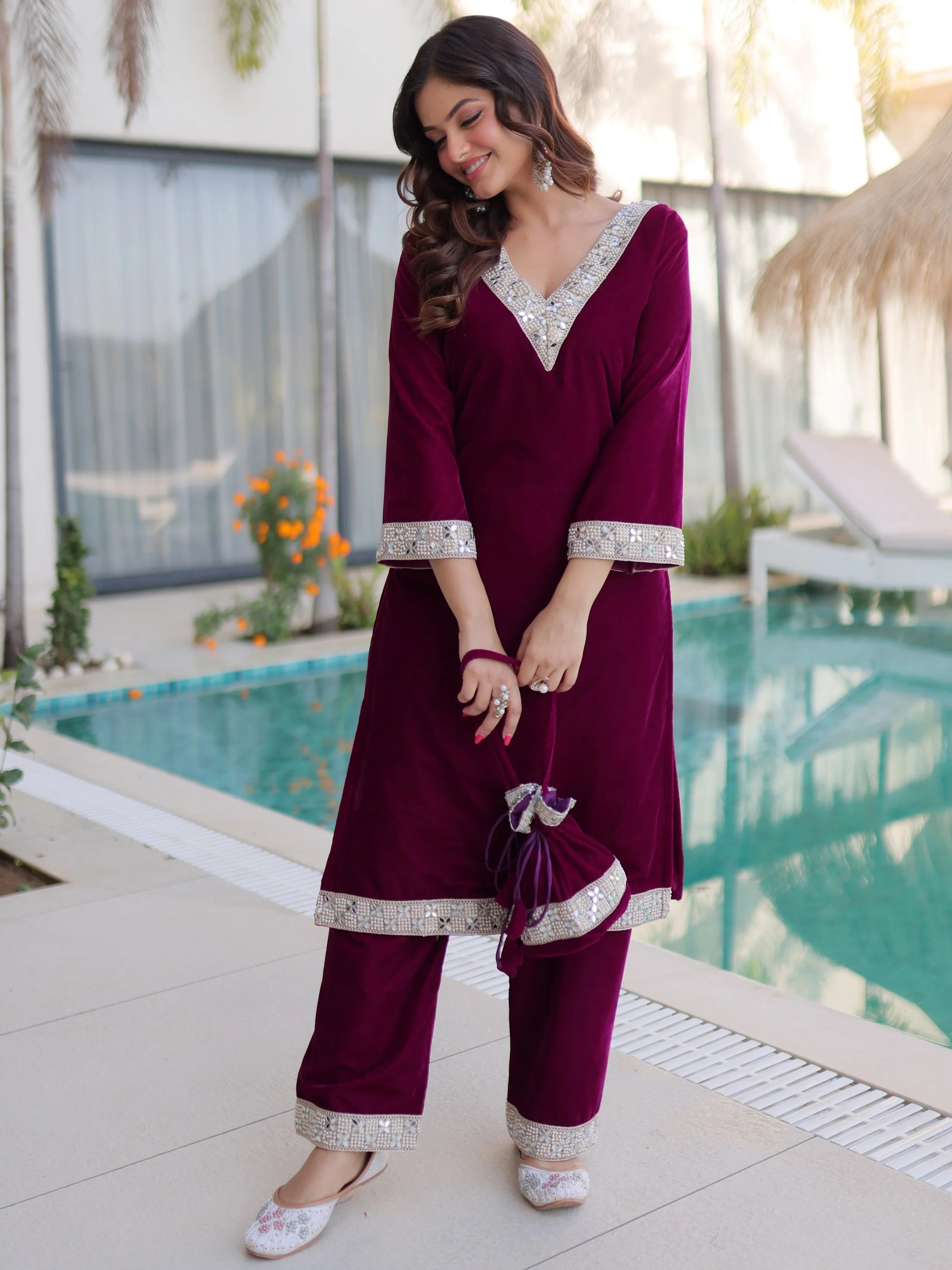 Wine Velvet Zari Embroidered Wedding Salwar Kameez for Women