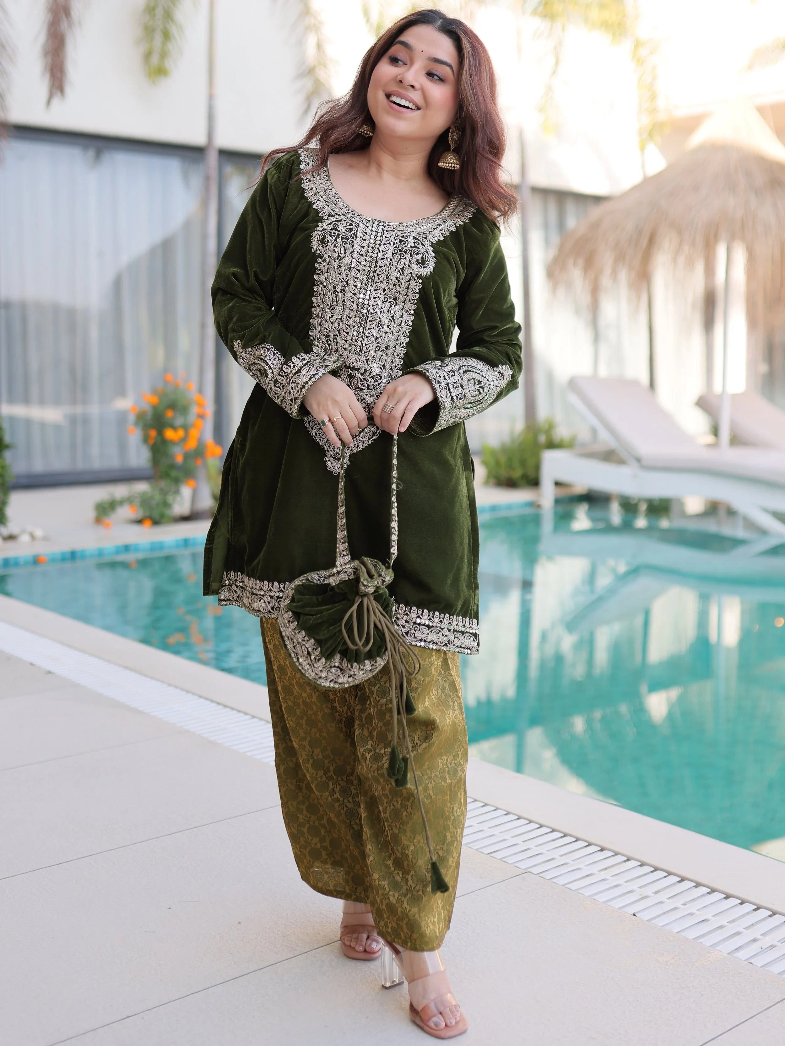 Green Velvet Embroidered Festival Wear Salwar Kameez for Women