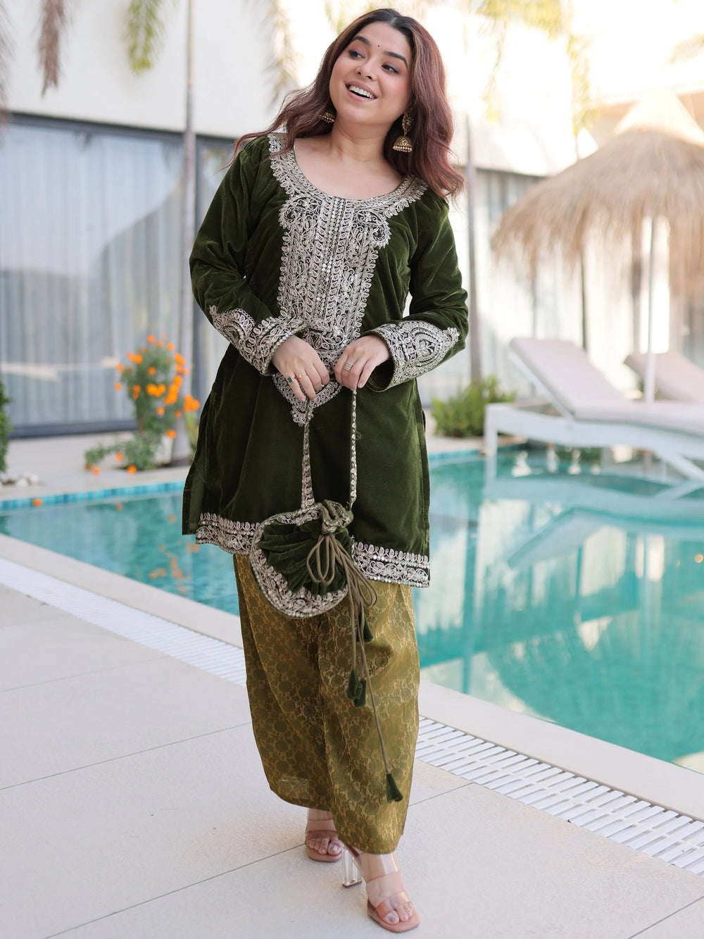 Green Velvet Embroidered Festival Wear Salwar Kameez for Women