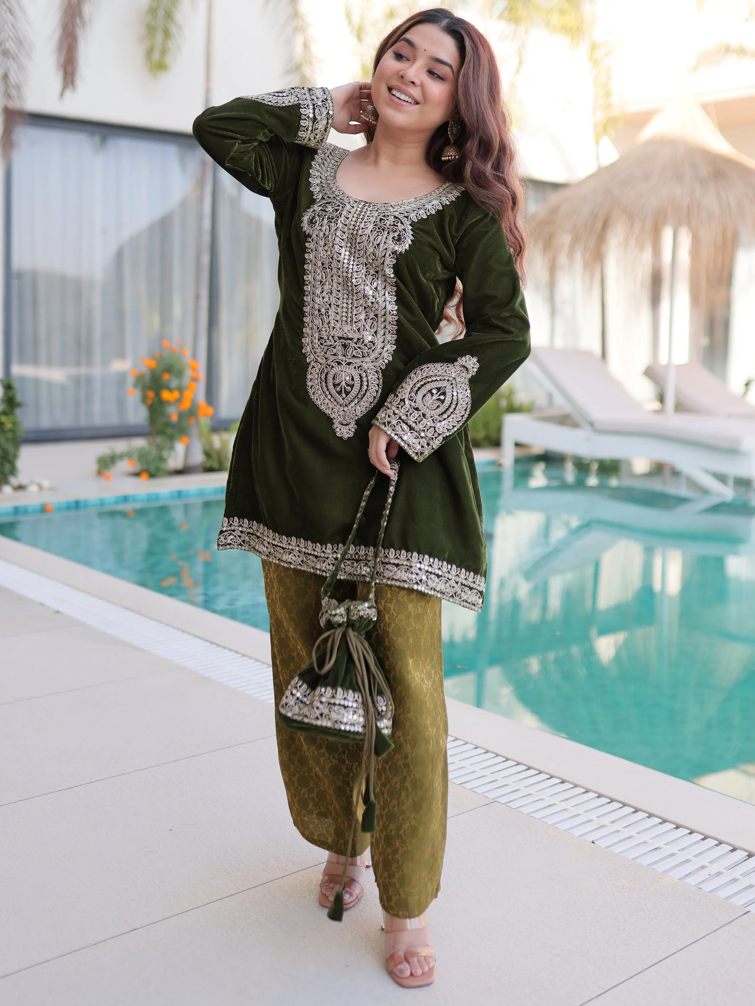 Green Velvet Embroidered Festival Wear Salwar Kameez for Women