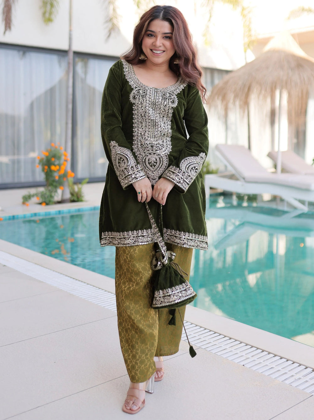 Green Velvet Embroidered Festival Wear Salwar Kameez for Women