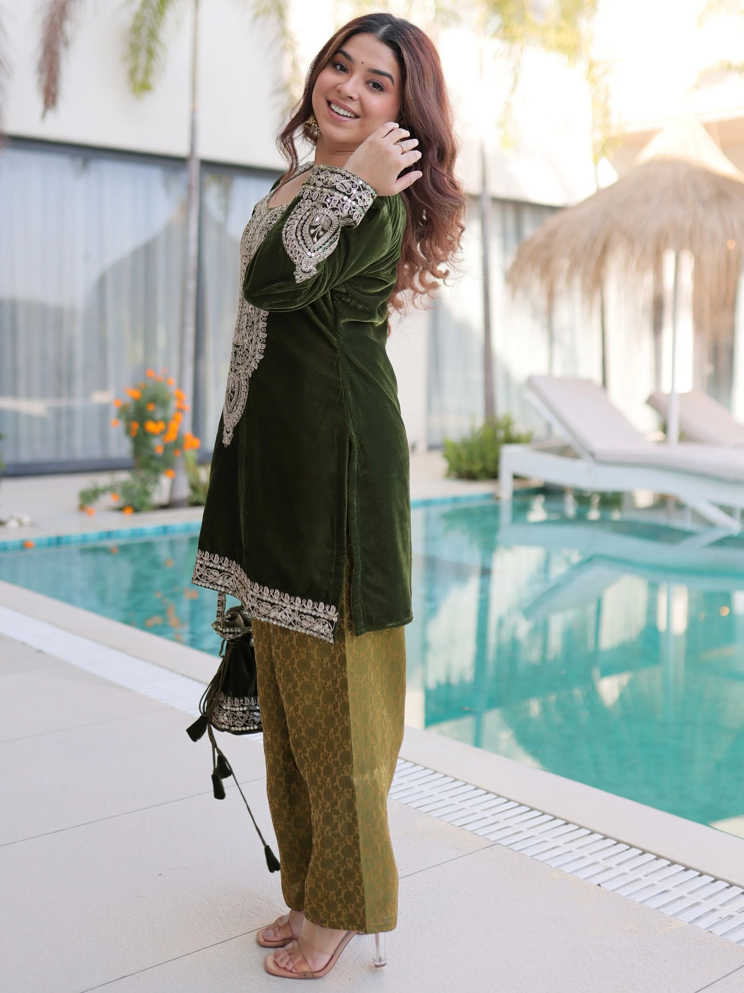 Green Velvet Embroidered Festival Wear Salwar Kameez for Women
