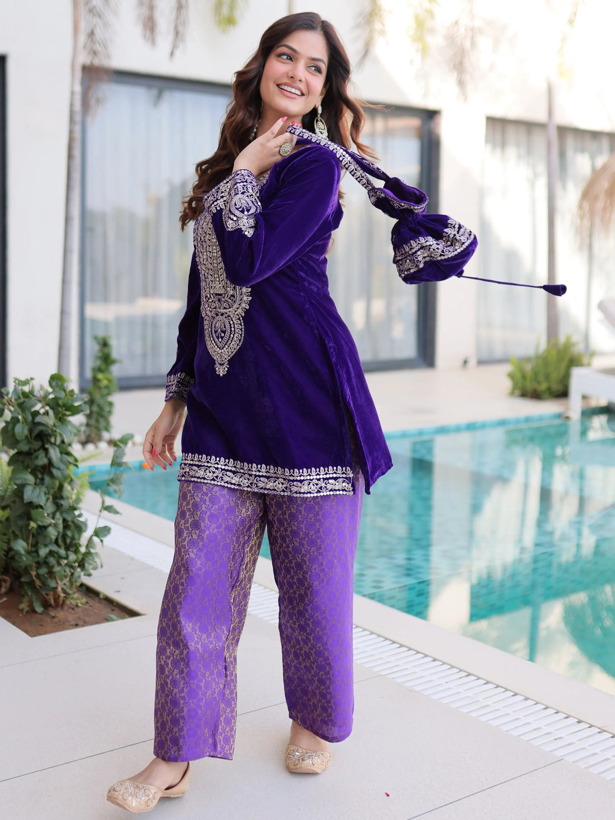 Blue Velvet Embroidered Function Wear Salwar Kameez for Women