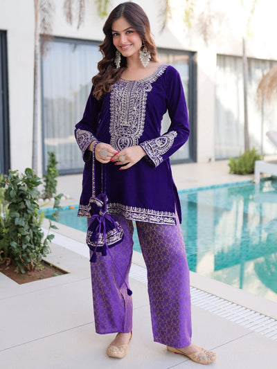 Blue Velvet Embroidered Function Wear Salwar Kameez for Women