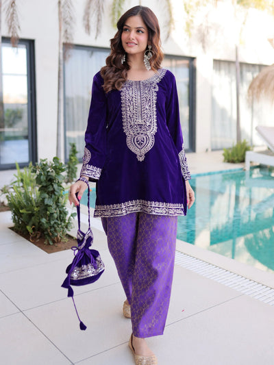 Blue Velvet Embroidered Function Wear Salwar Kameez for Women