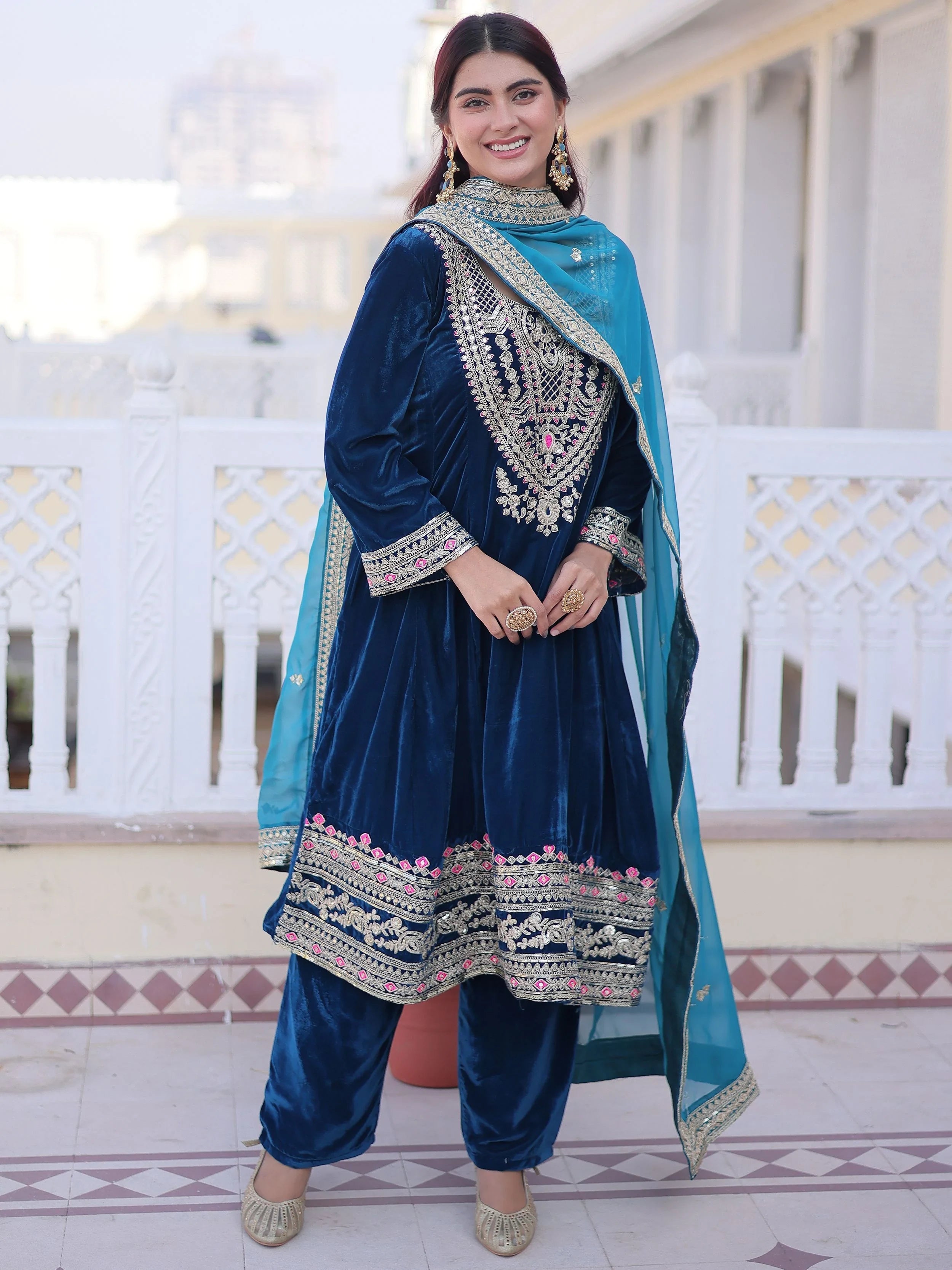 Blue Velvet Embroidered Festival Wear Salwar Kameez for Women