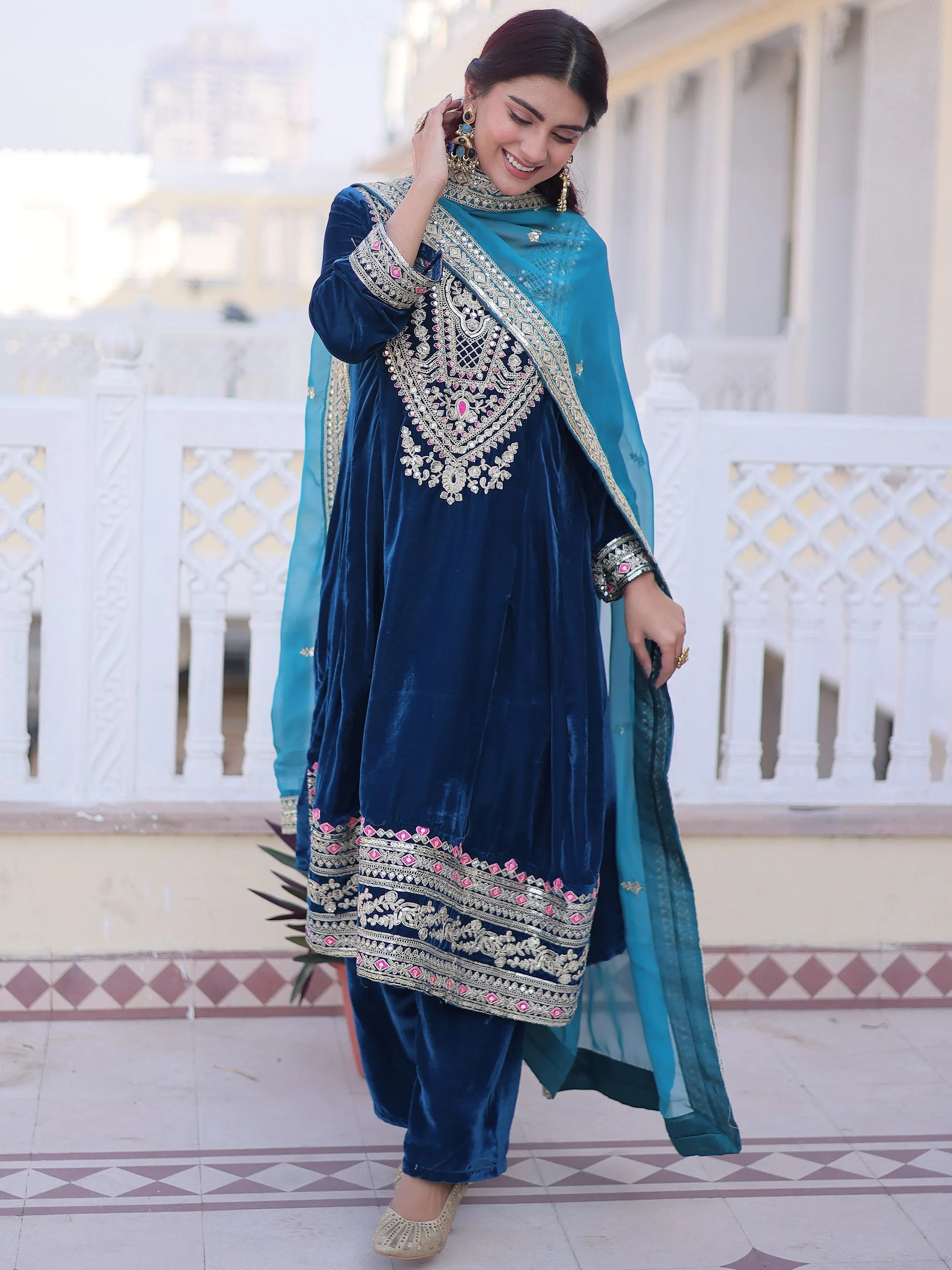 Blue Velvet Embroidered Festival Wear Salwar Kameez for Women