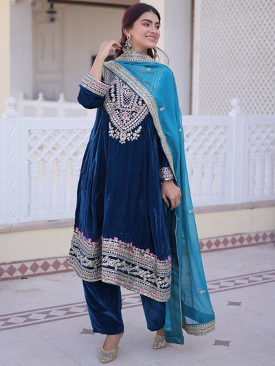 Blue Velvet Embroidered Festival Wear Salwar Kameez for Women