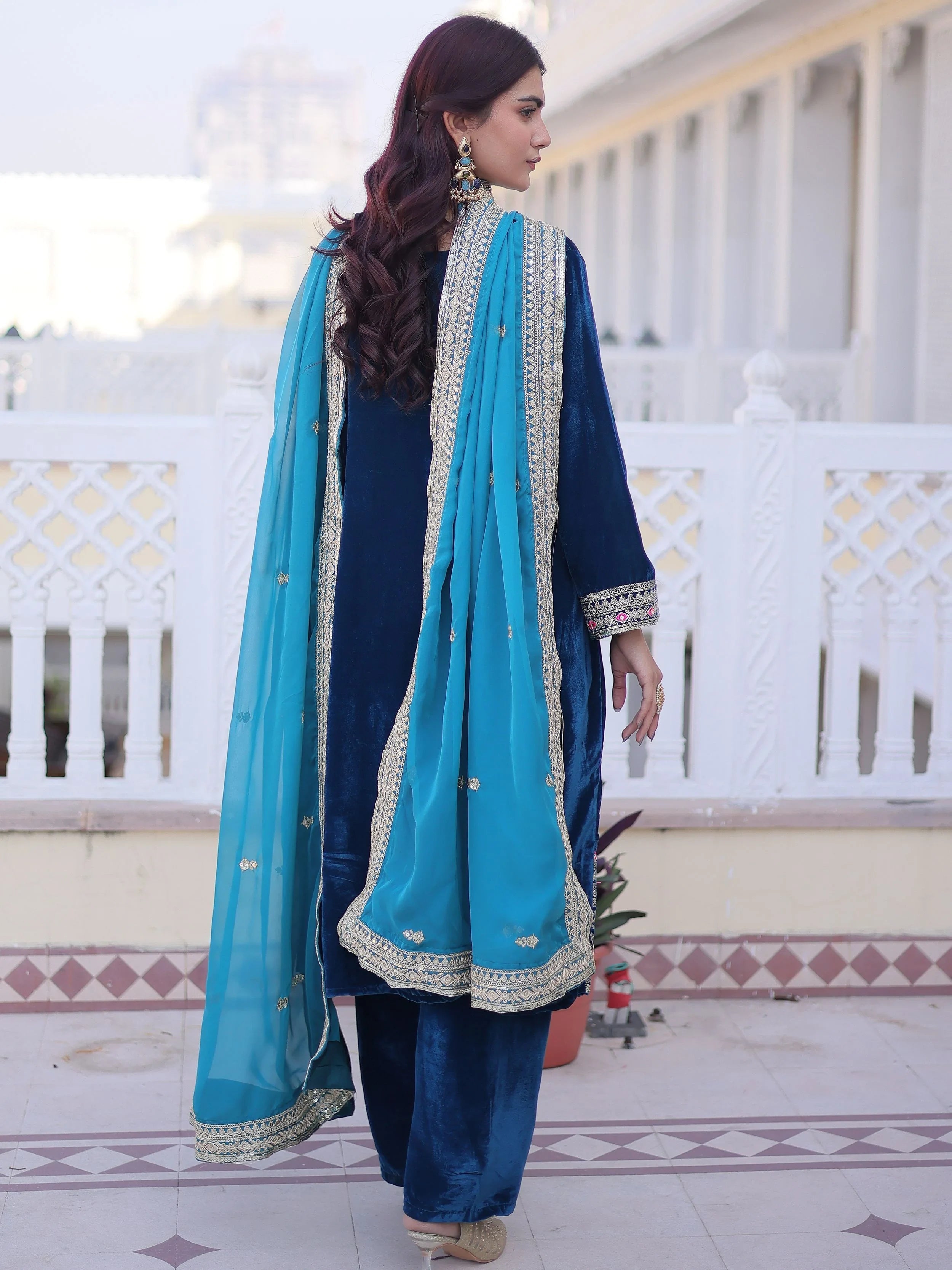 Blue Velvet Embroidered Festival Wear Salwar Kameez for Women