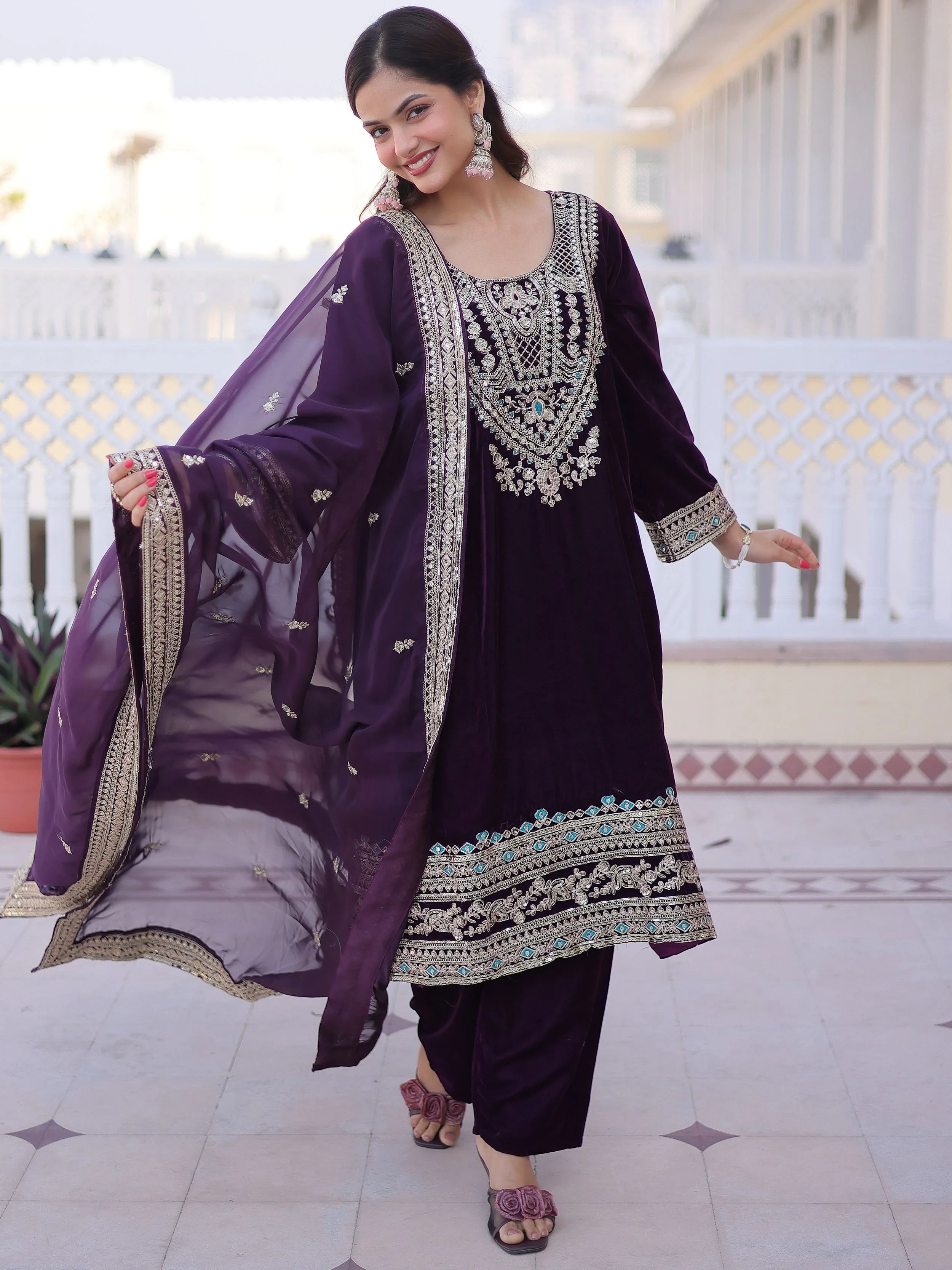 Wine Velvet Embroidered Function Wear Salwar Kameez for Women