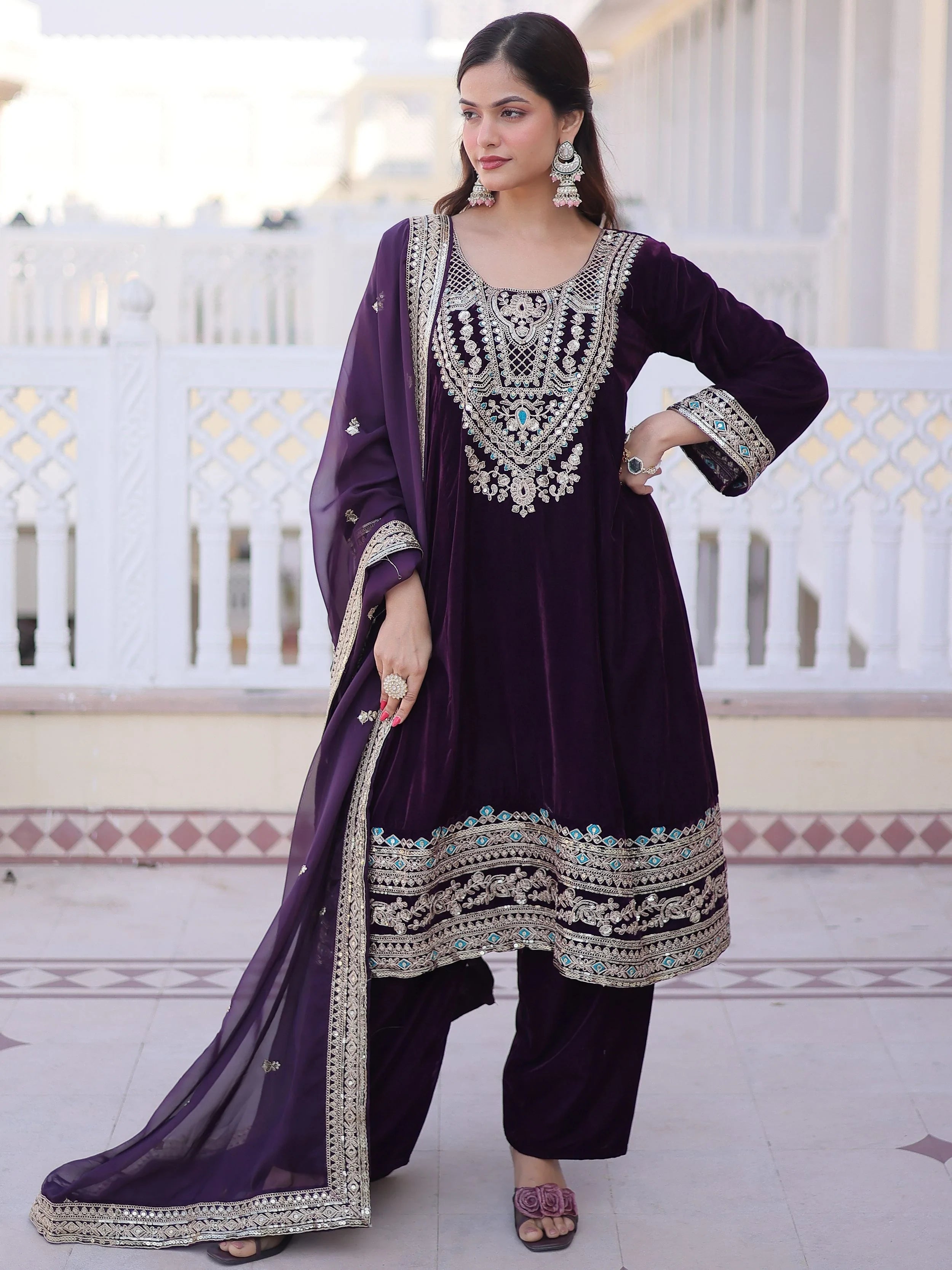 Wine Velvet Embroidered Function Wear Salwar Kameez for Women