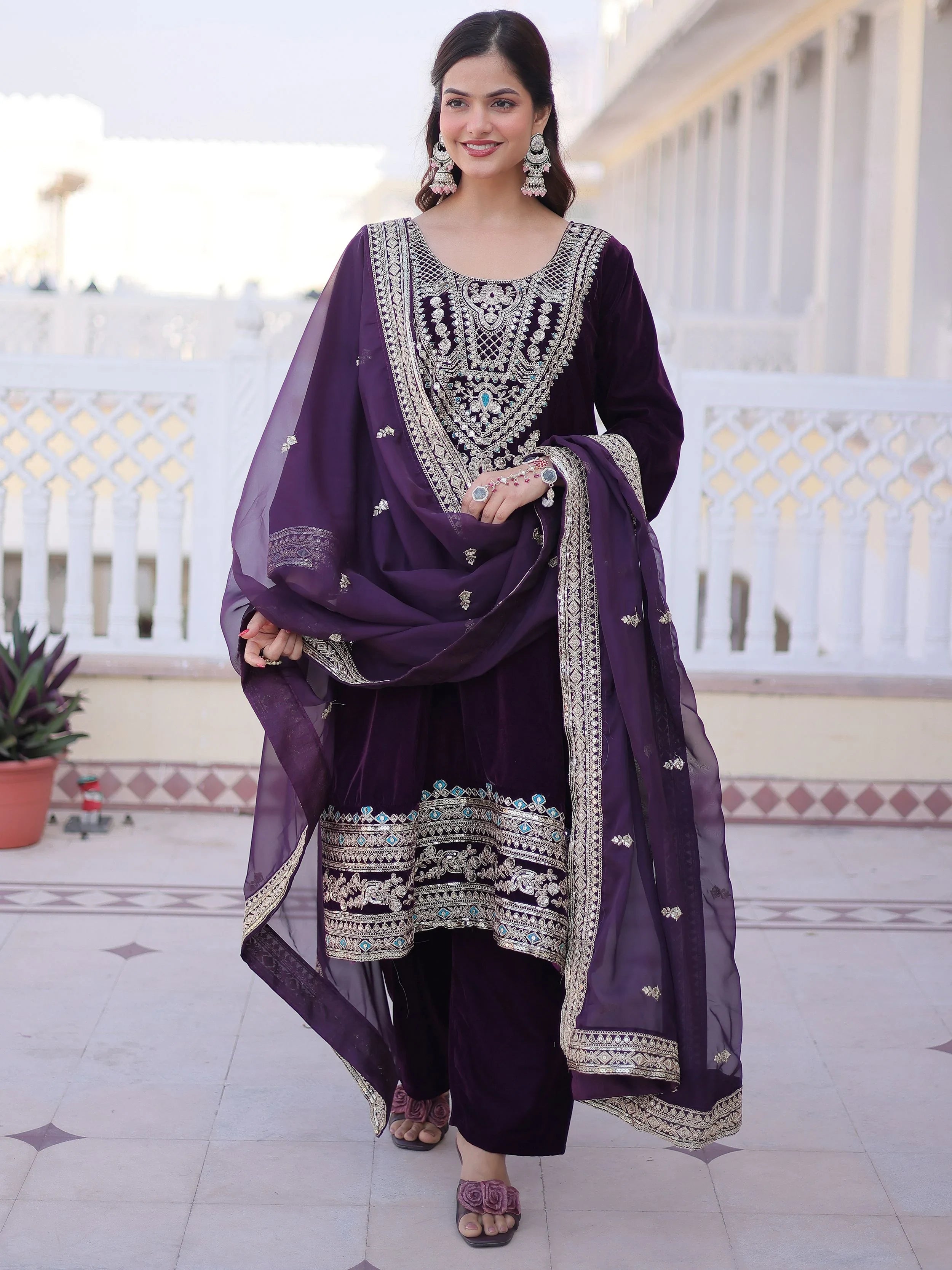 Wine Velvet Embroidered Function Wear Salwar Kameez for Women